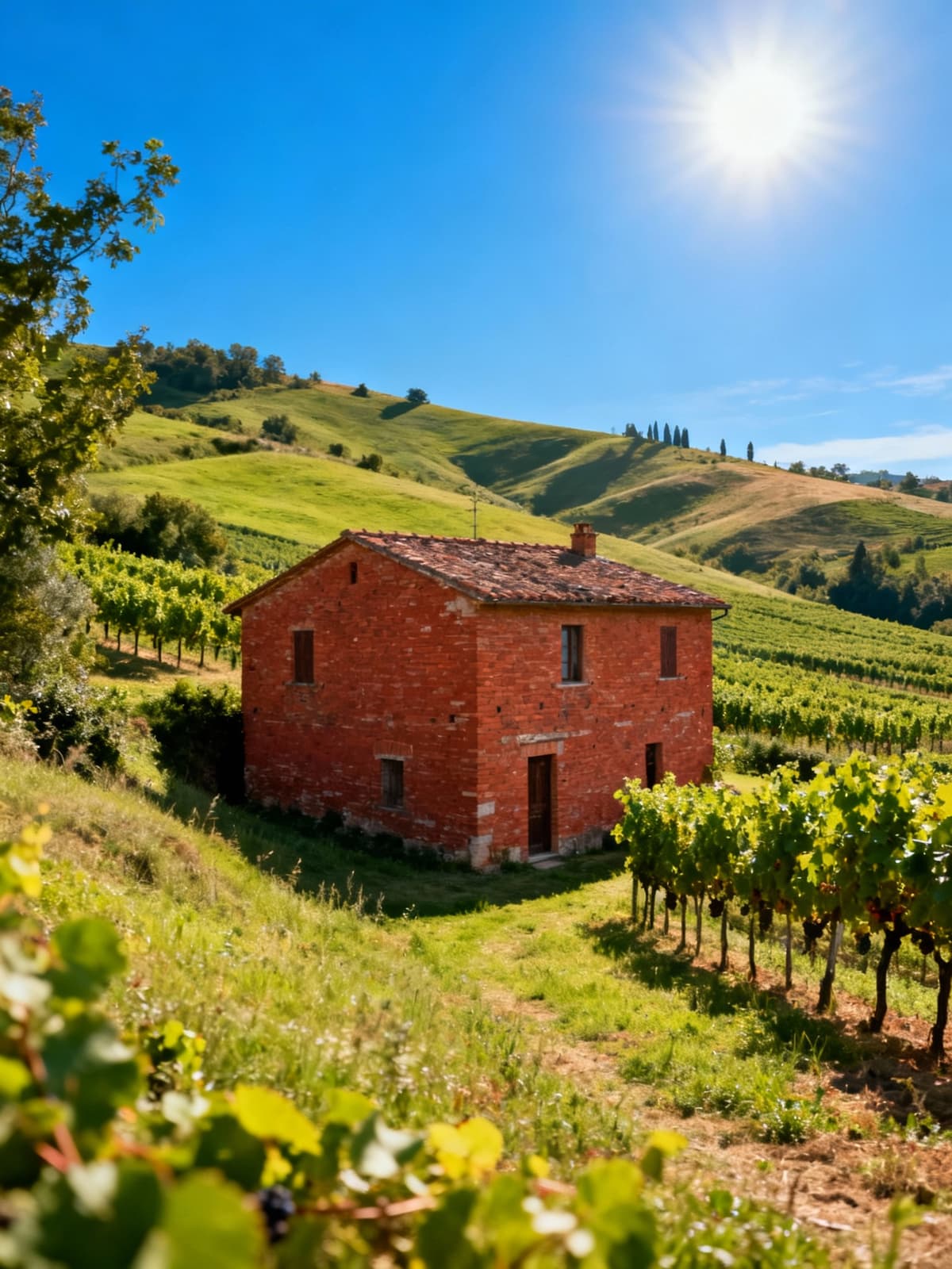 Charming rustic farmhouse nestled in serene Italian countryside with green hills and vineyards under a bright blue sky.
