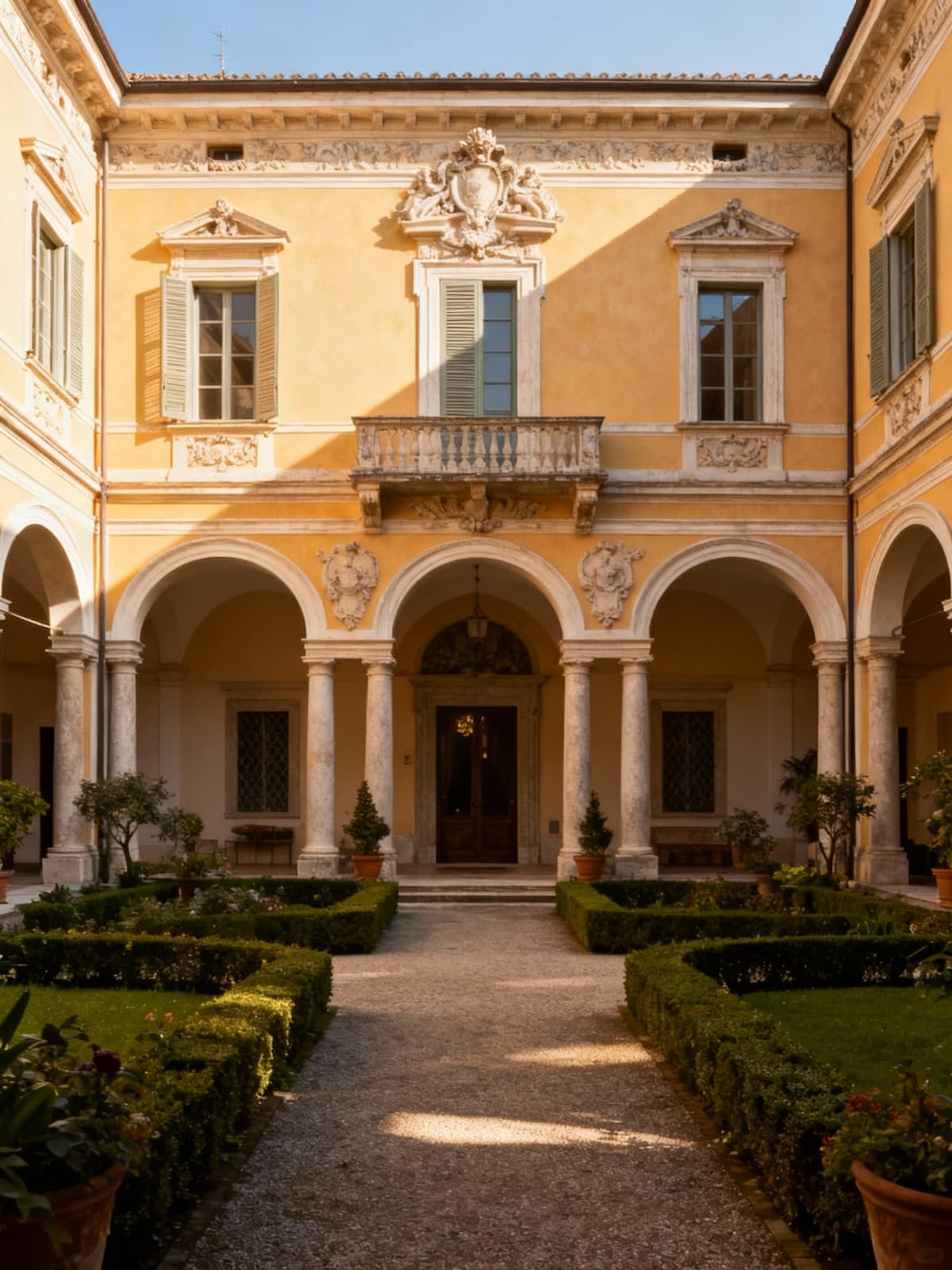 Historical buildings in vibrant Italian cities, showcasing refined architecture, ornamental facades, and serene courtyards.