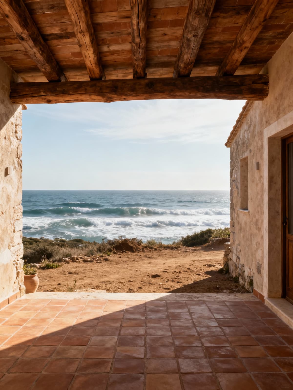 Rustic homes nestled between waves and land, featuring wooden beams and terracotta floors with stunning sea views.