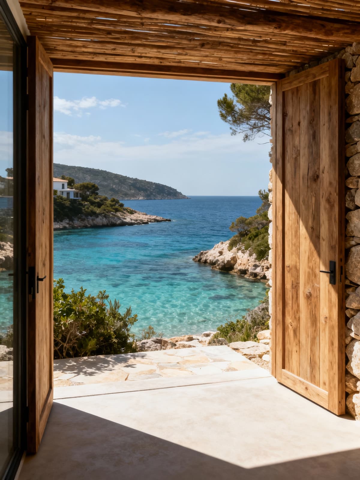 Independent homes overlooking crystal-clear waters of pristine coastlines, showcasing local wood and stone materials.