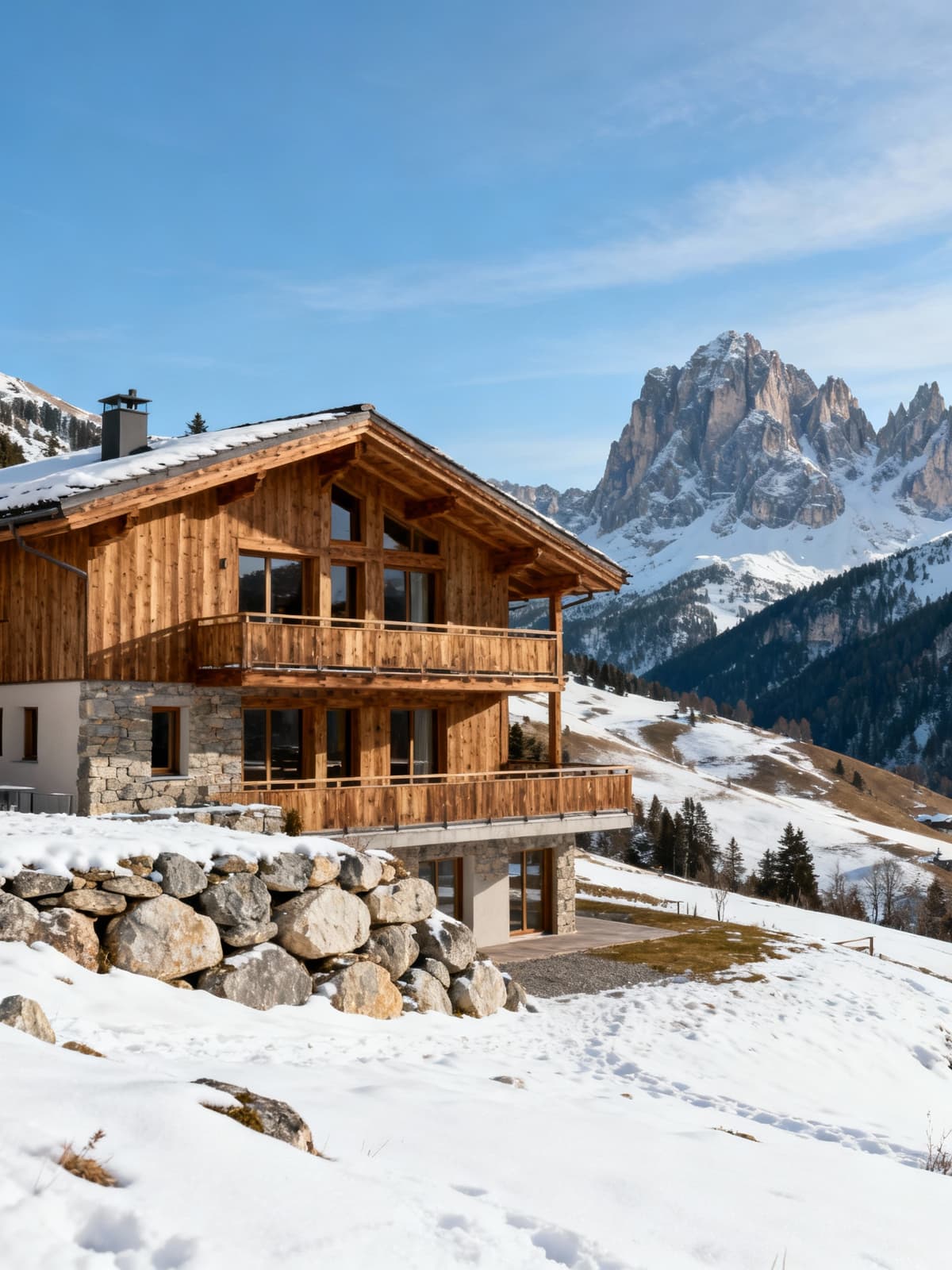 Stunning panoramic villa in natural wood overlooks snowy peaks in the serene Dolomites landscape, embodying luxury living.