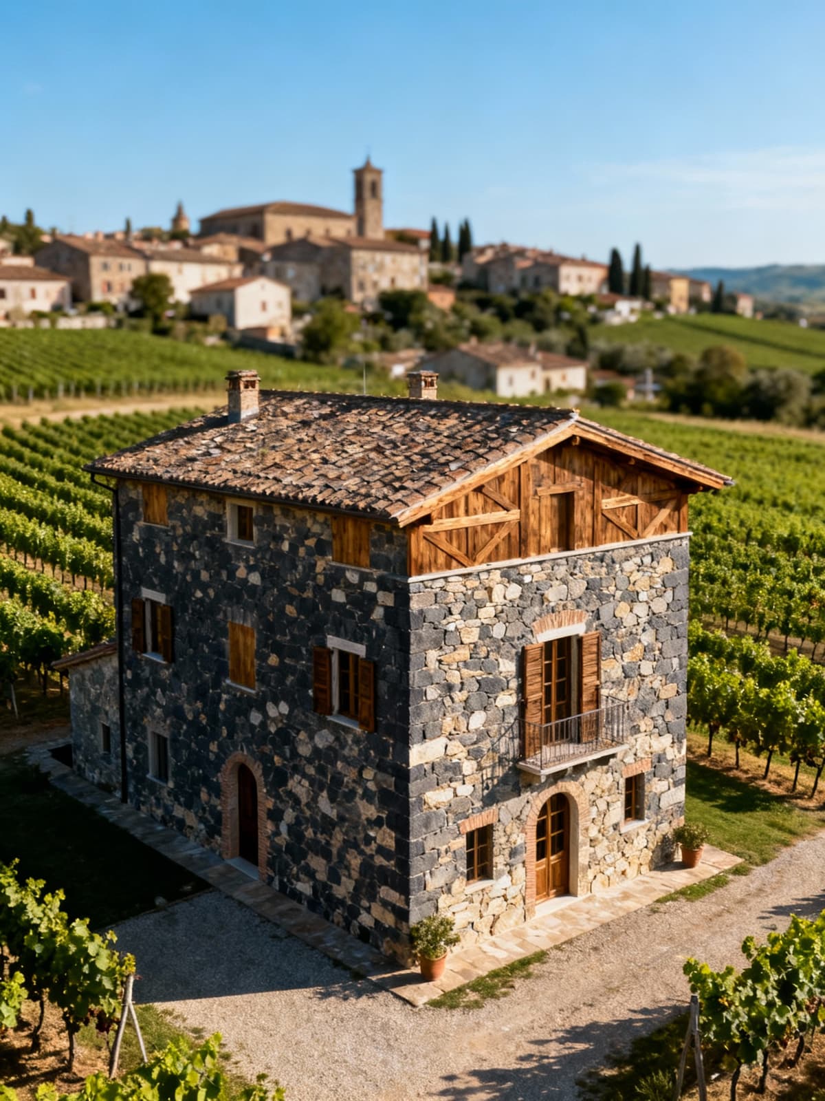 Charming rustic farmhouse in Lazio, surrounded by historic villages and vineyards under a serene blue sky.