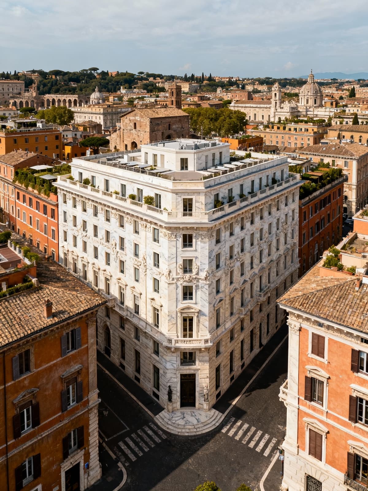 Historic buildings in Rome blend timeless antiquity and modernity, showcasing exquisite travertine and marble details.