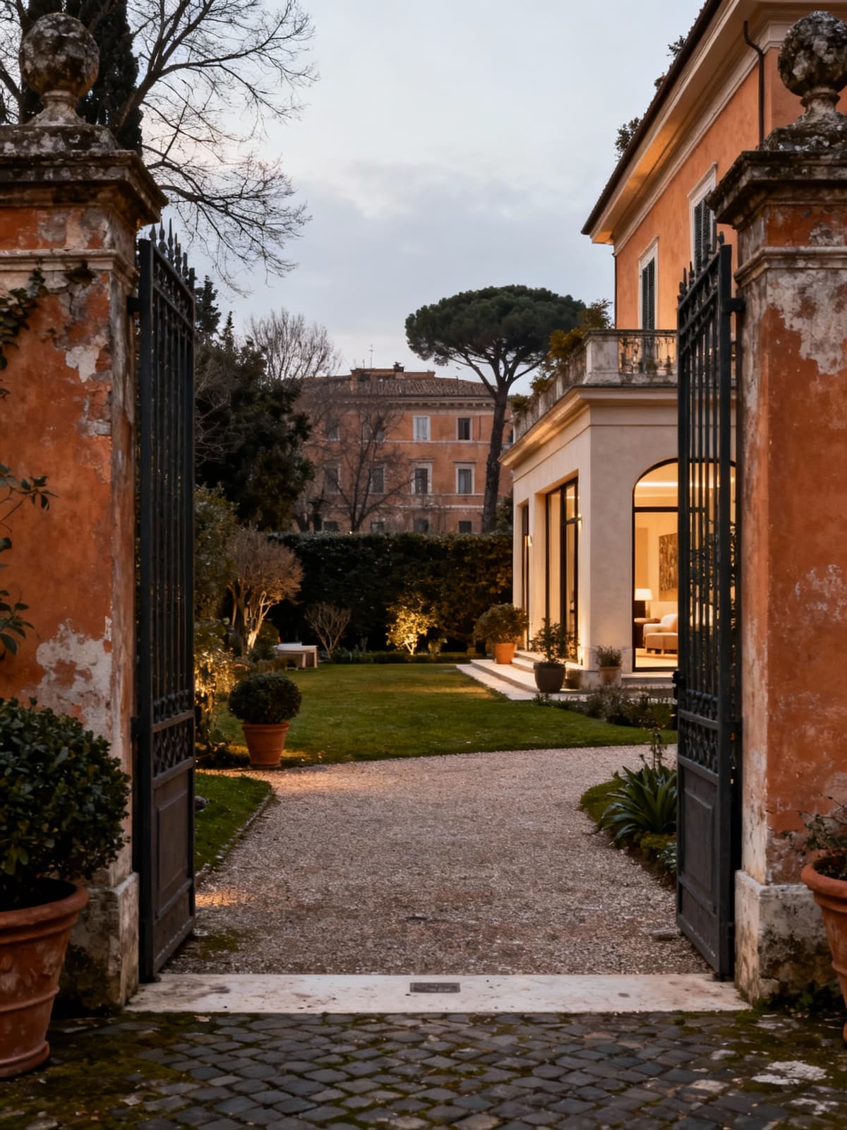 Ville di lusso nel cuore di Roma, un Connubio di storia e modernità, avvolte da luce invernale e giardini incantevoli.