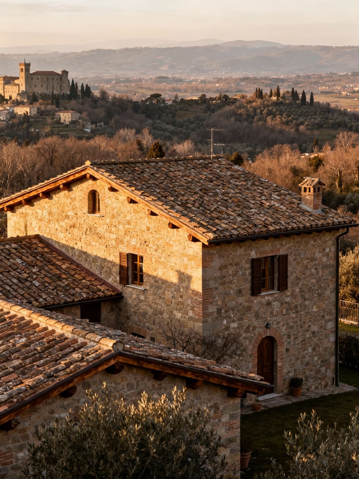Rustic farmhouses in the heart of Lazio, surrounded by Viterbo's historical wonders, with winter light illuminating details.
