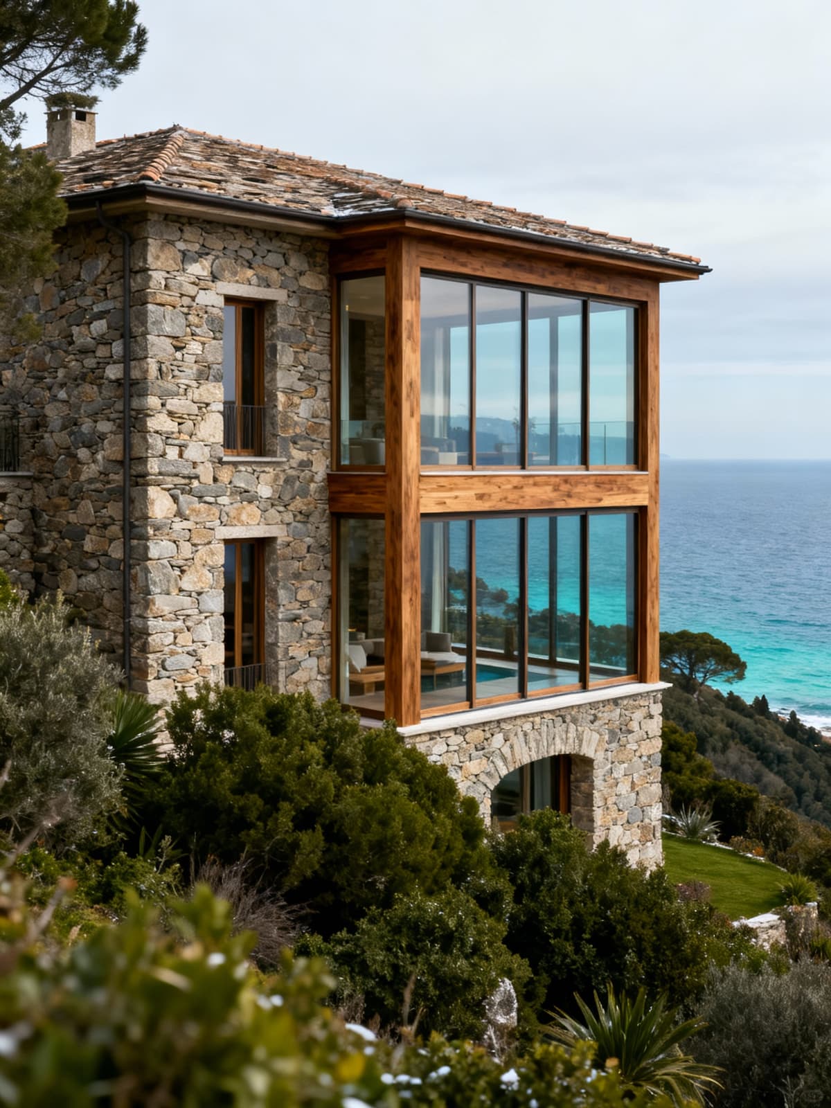 Villa di lusso tra colline liguri, architettura in pietra e vetrate affacciate su un mare cristallino, in luce invernale.