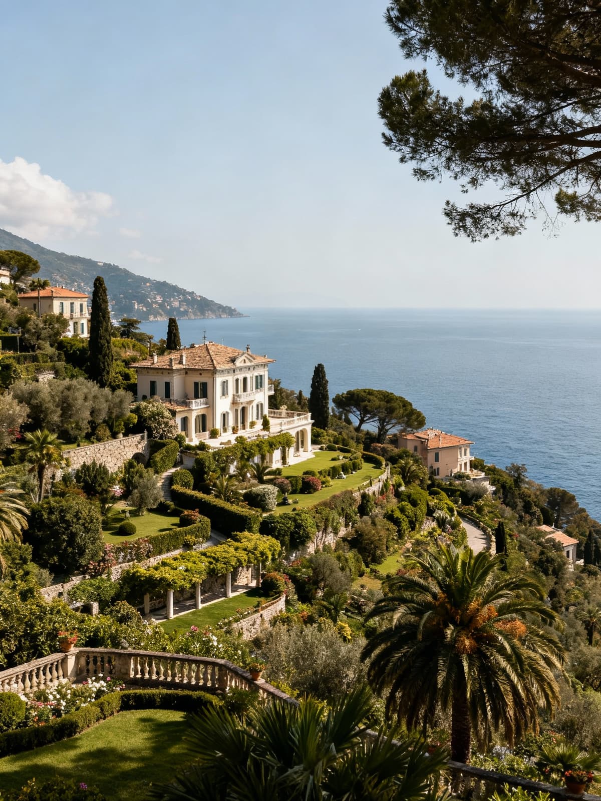 Elegant villas overlooking the Ligurian sea between Savona and charming historic villages, surrounded by lush gardens.
