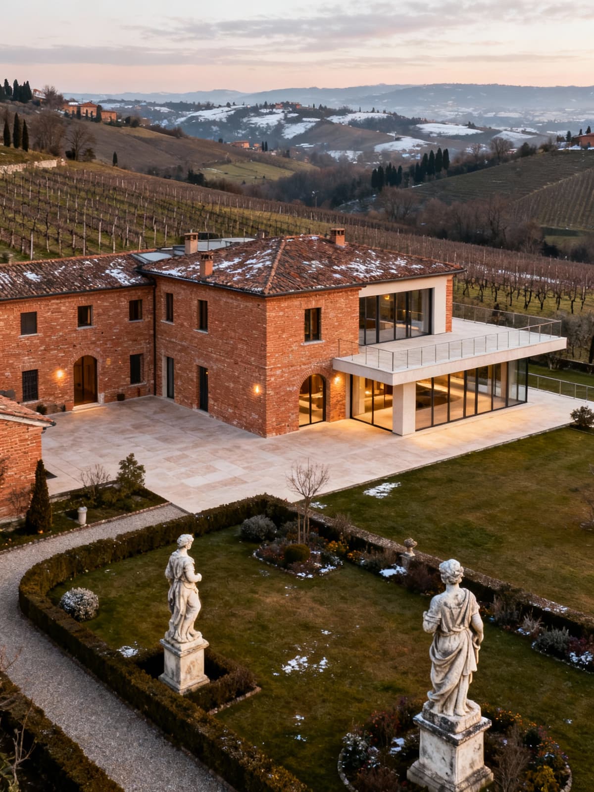 Luxurious villa nestled in Monferrato hills, showcasing a blend of historical and modern architecture amidst scenic vineyards.