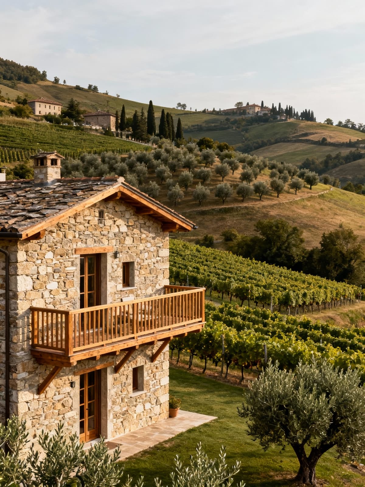 Agriturismo di charme nelle colline cuneesi, circondato da vigneti e uliveti, con facciate in pietra e balconi in legno.