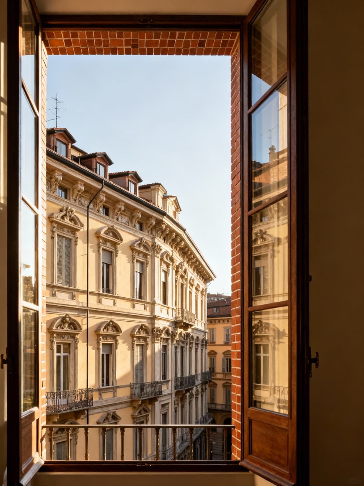 Prestigious apartments in historic Turin, surrounded by stunning Alps, featuring elegant baroque architecture and warm morning light.