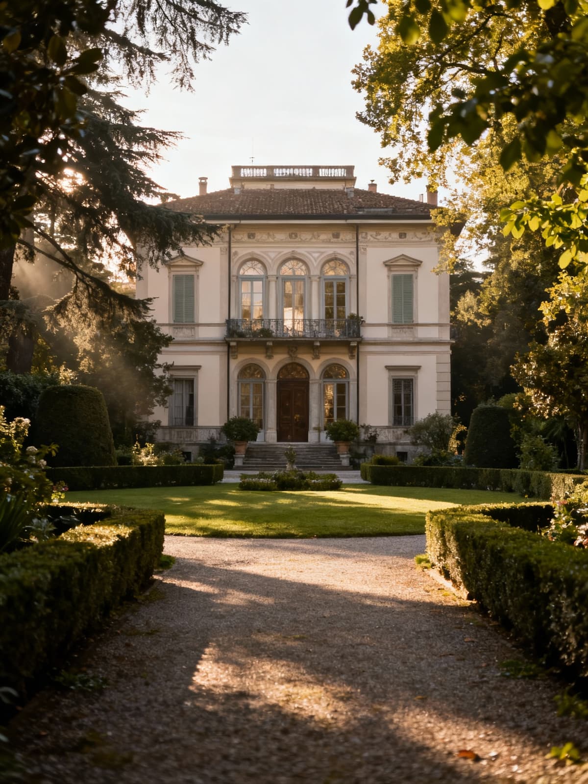 Elegant villas in historic Turin, showcasing Piemontese culture and architecture, surrounded by lush gardens and soft morning light.
