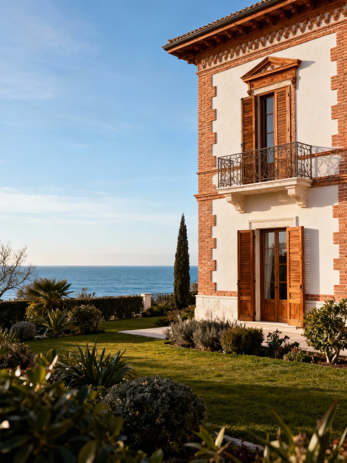Elegant villa with exposed brick and wooden details, set against the scenic coastline of Puglia under soft winter light.