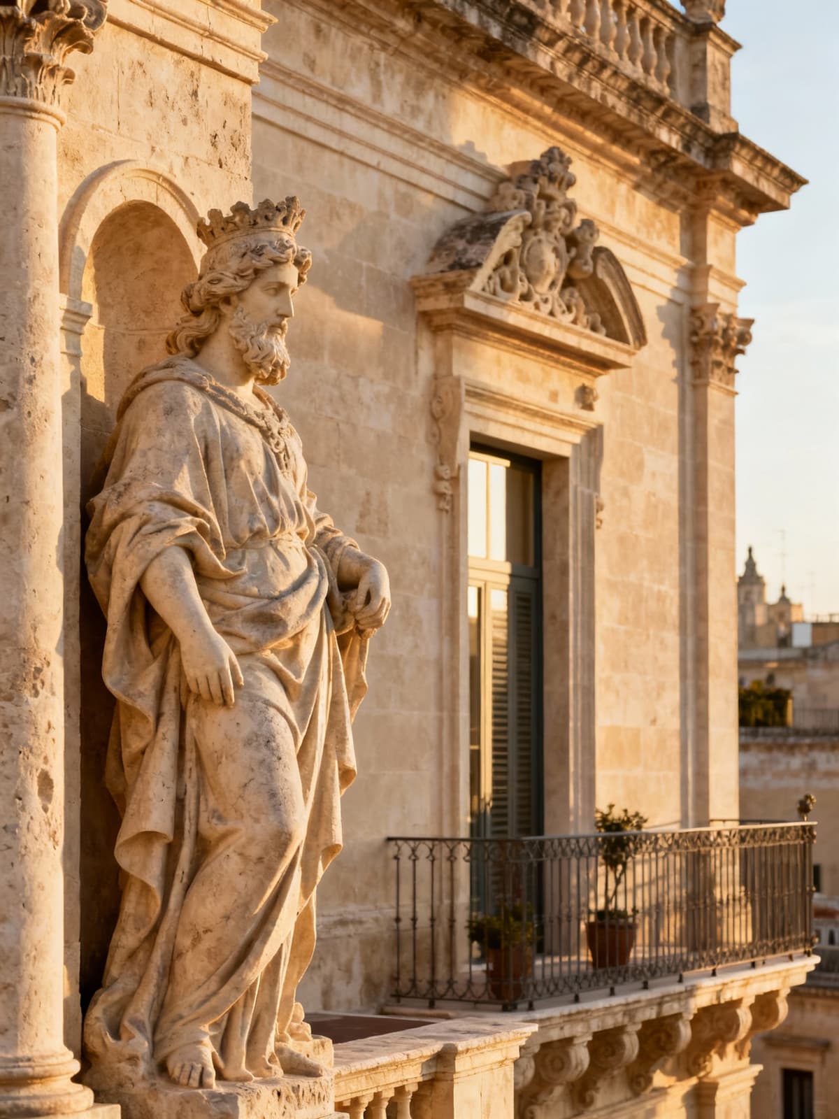 Appartamenti eleganti nel centro storico di Lecce, con facciate in pietra leccese e interni raffinati, illuminati dalla luce del mattino.