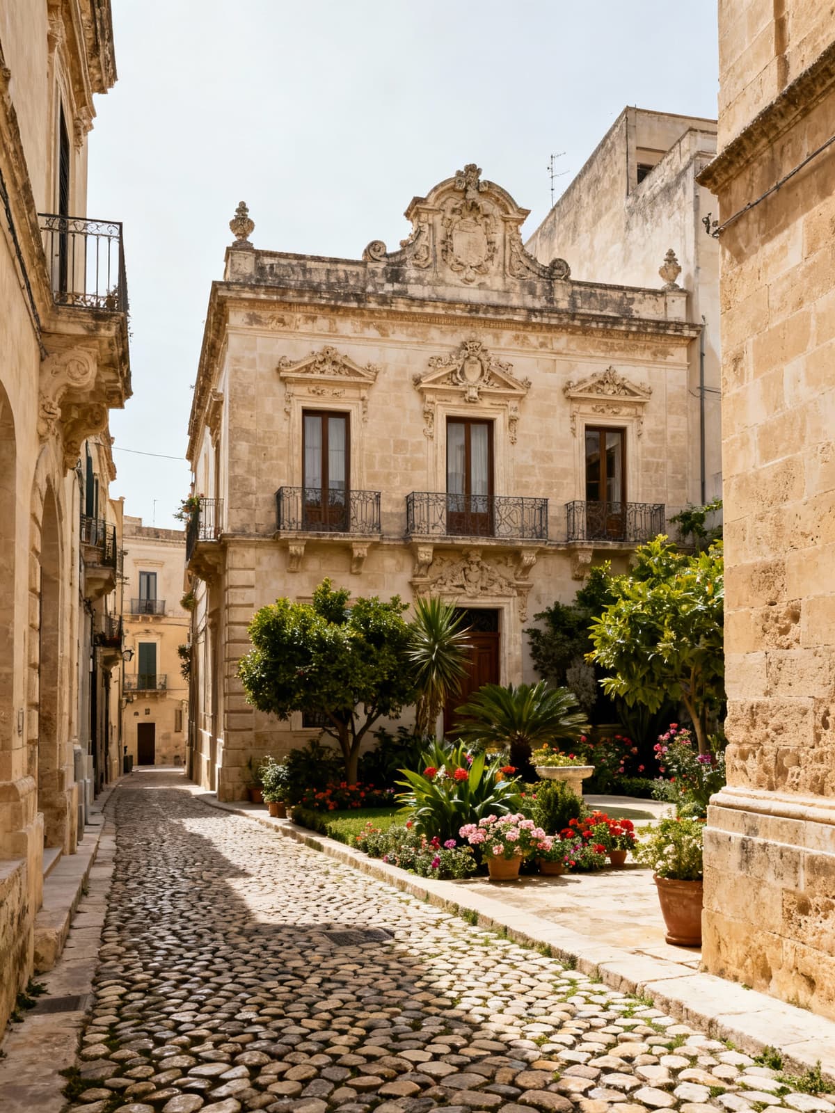 Independent houses in Lecce's baroque heart, featuring limestone facades, ornamental details, and serene courtyards with greenery.