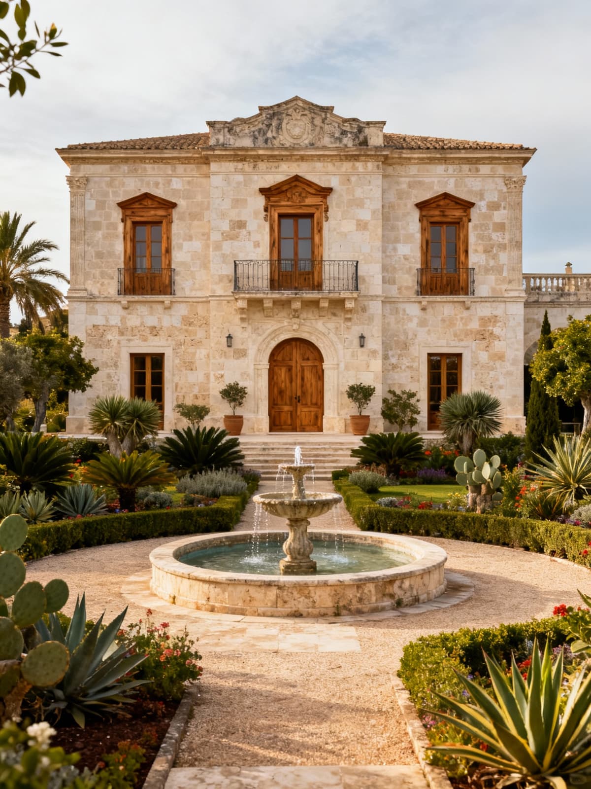 Exclusive villa in Lecce's baroque heart, featuring limestone facade, wooden details, lush Mediterranean gardens, and a central fountain.