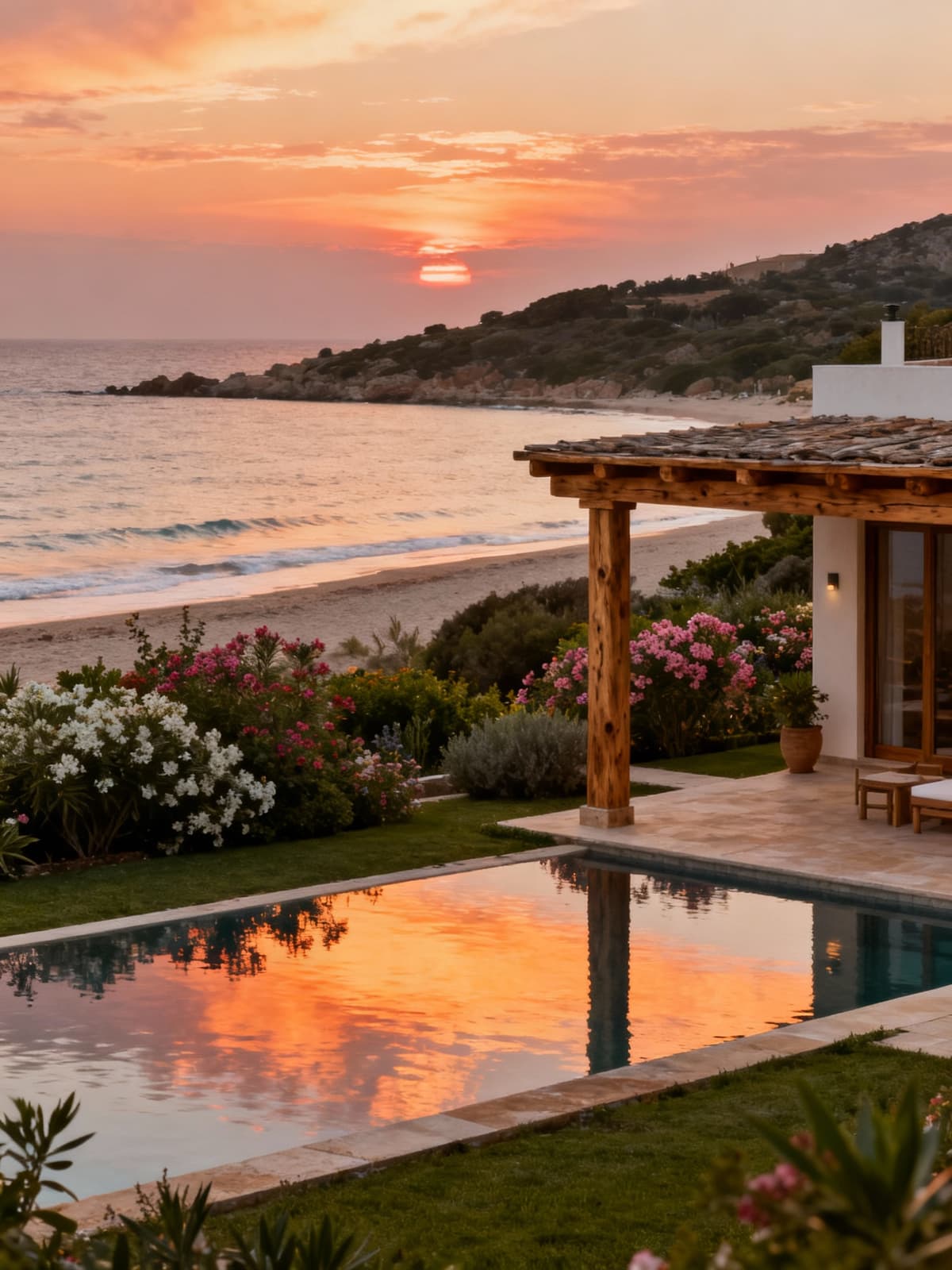 Villa esclusiva a Sassari con vista su spiaggia incontaminata, giardino fiorito e colori caldi del tramonto sul mare.