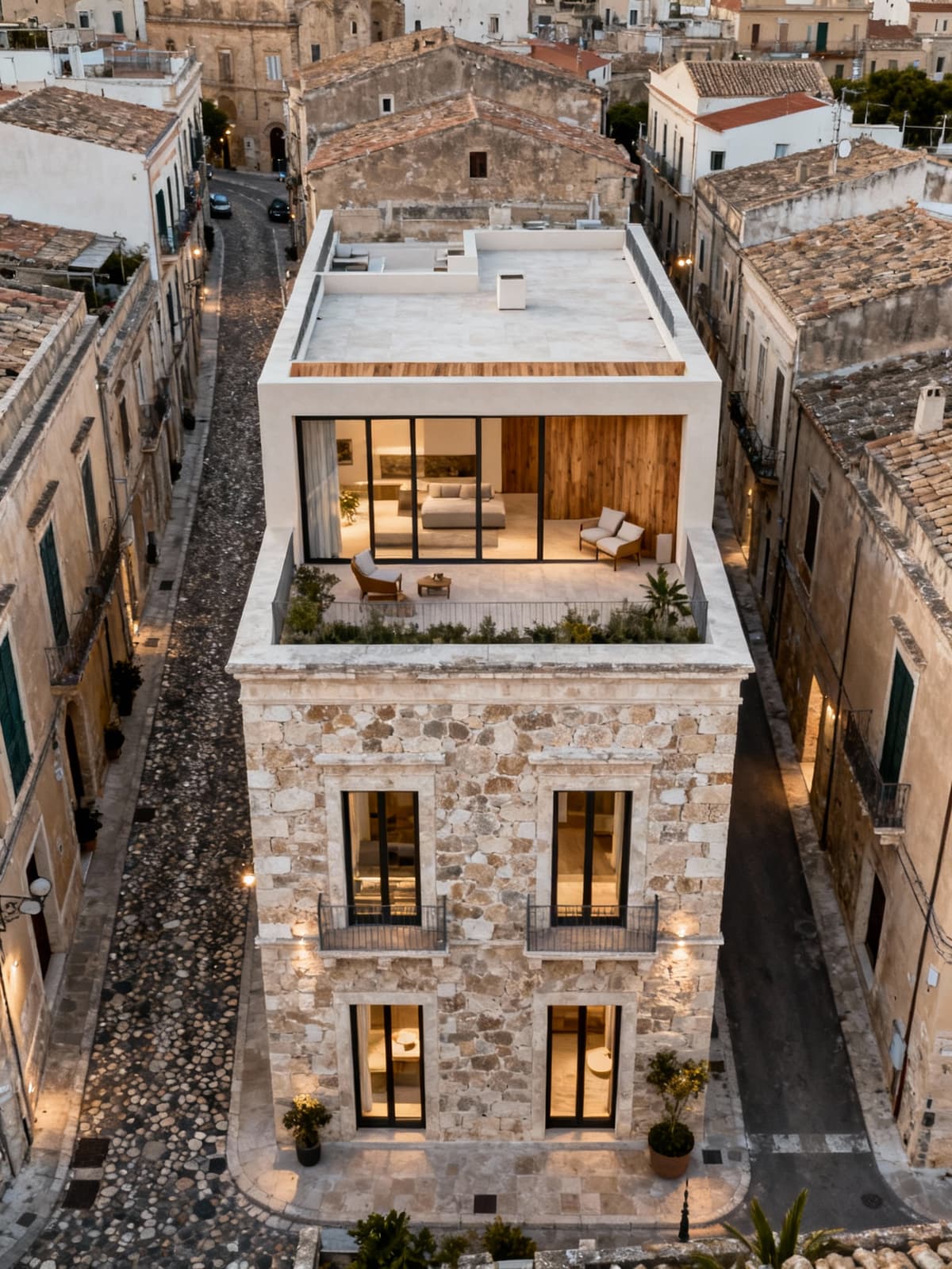Appartamento di lusso a Sassari, vista panoramica su dettagli architettonici in pietra e legno, tra modernità e tradizione.