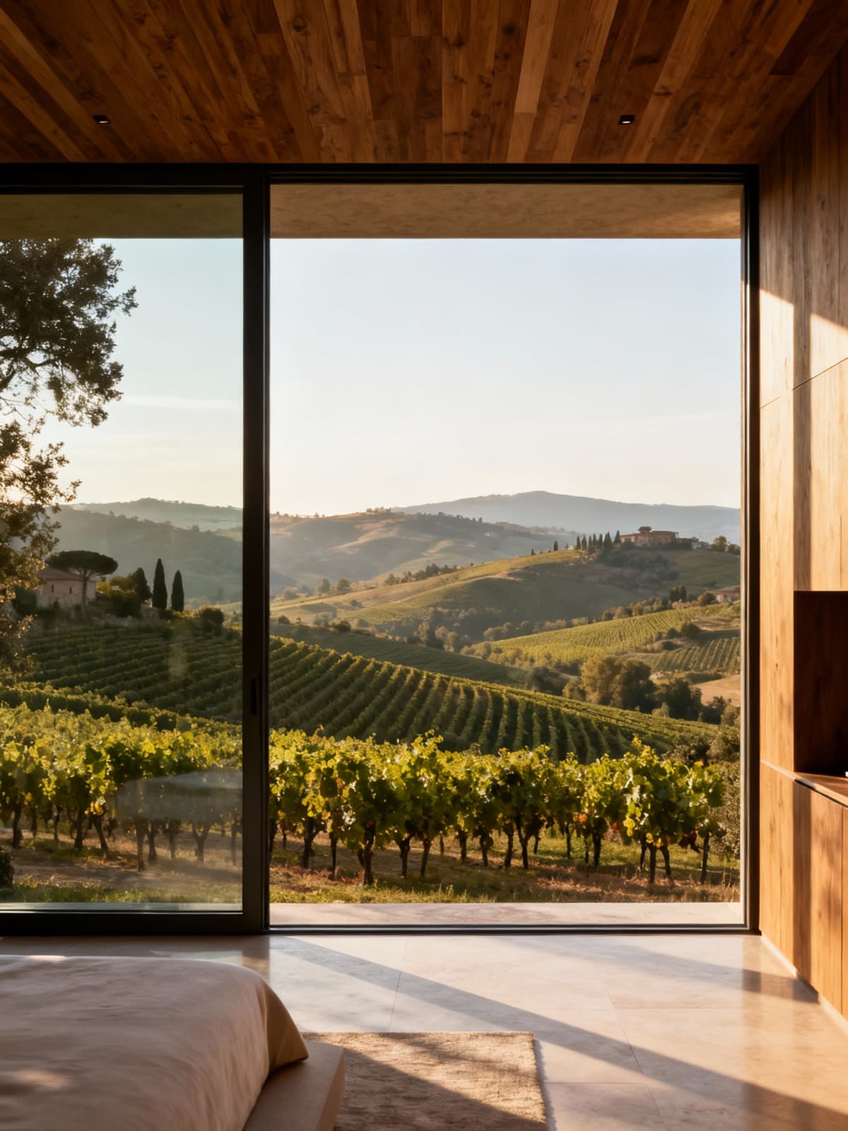 Appartamento di lusso nel Chianti con vista su vigneti, interni eleganti e luce naturale che illumina legno e vetro.