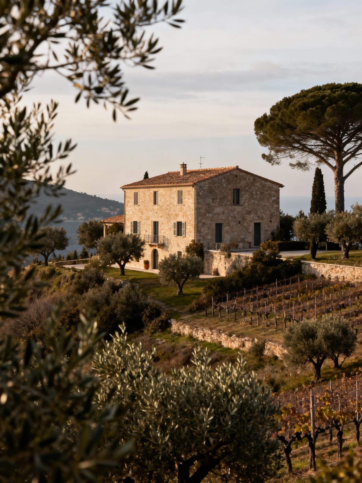 Charming luxury farmhouses perched amidst olive groves and vineyards in Tuscany's Argentario hills under soft winter light.
