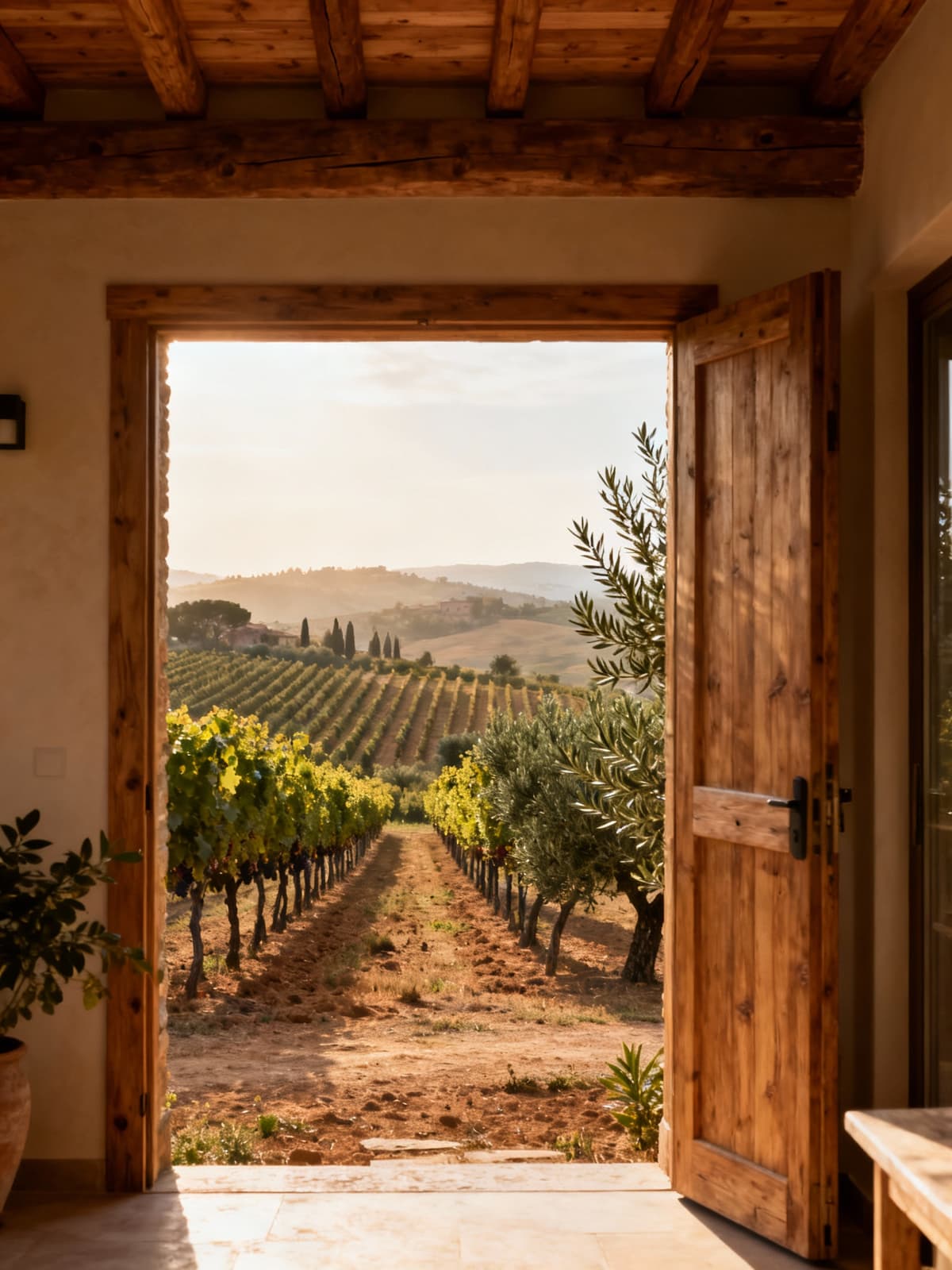 Agriturismo in legno immerso nelle colline del Chianti, circondato da viti e oliveti, in un paesaggio toscano incantevole.