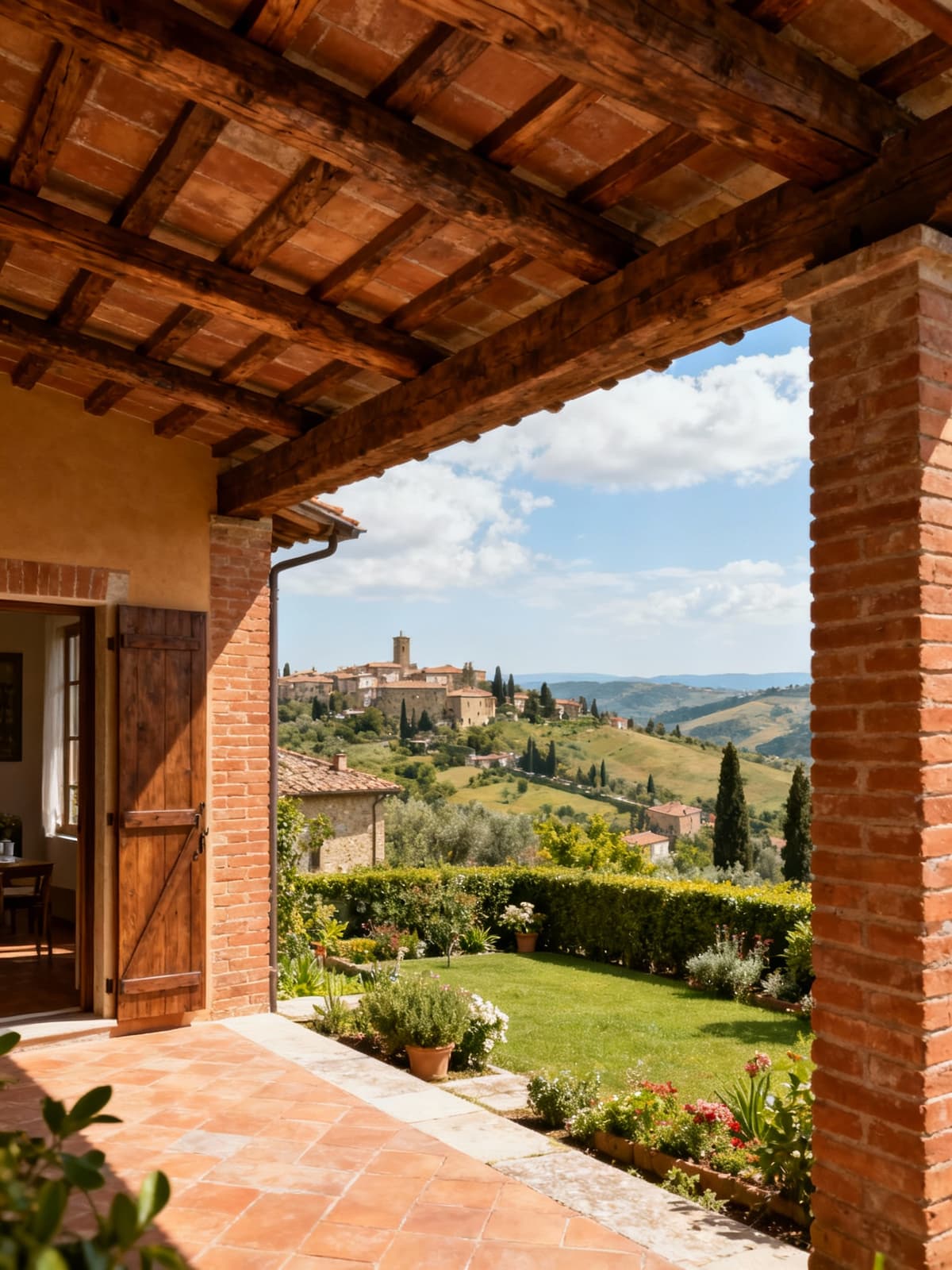 Charming rustic houses nestled in the hills of Arezzo, surrounded by lush gardens and medieval villages on a serene summer day.