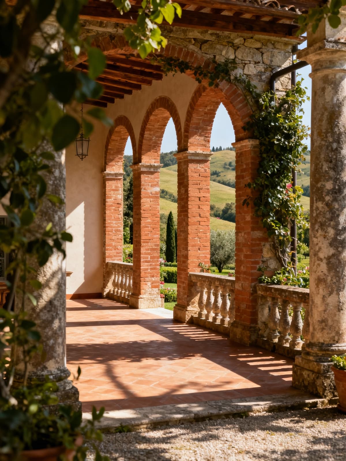 Villa storica immersa nelle colline di Arezzo, interni eleganti e giardini impeccabili, dettagli architettonici in luce naturale.