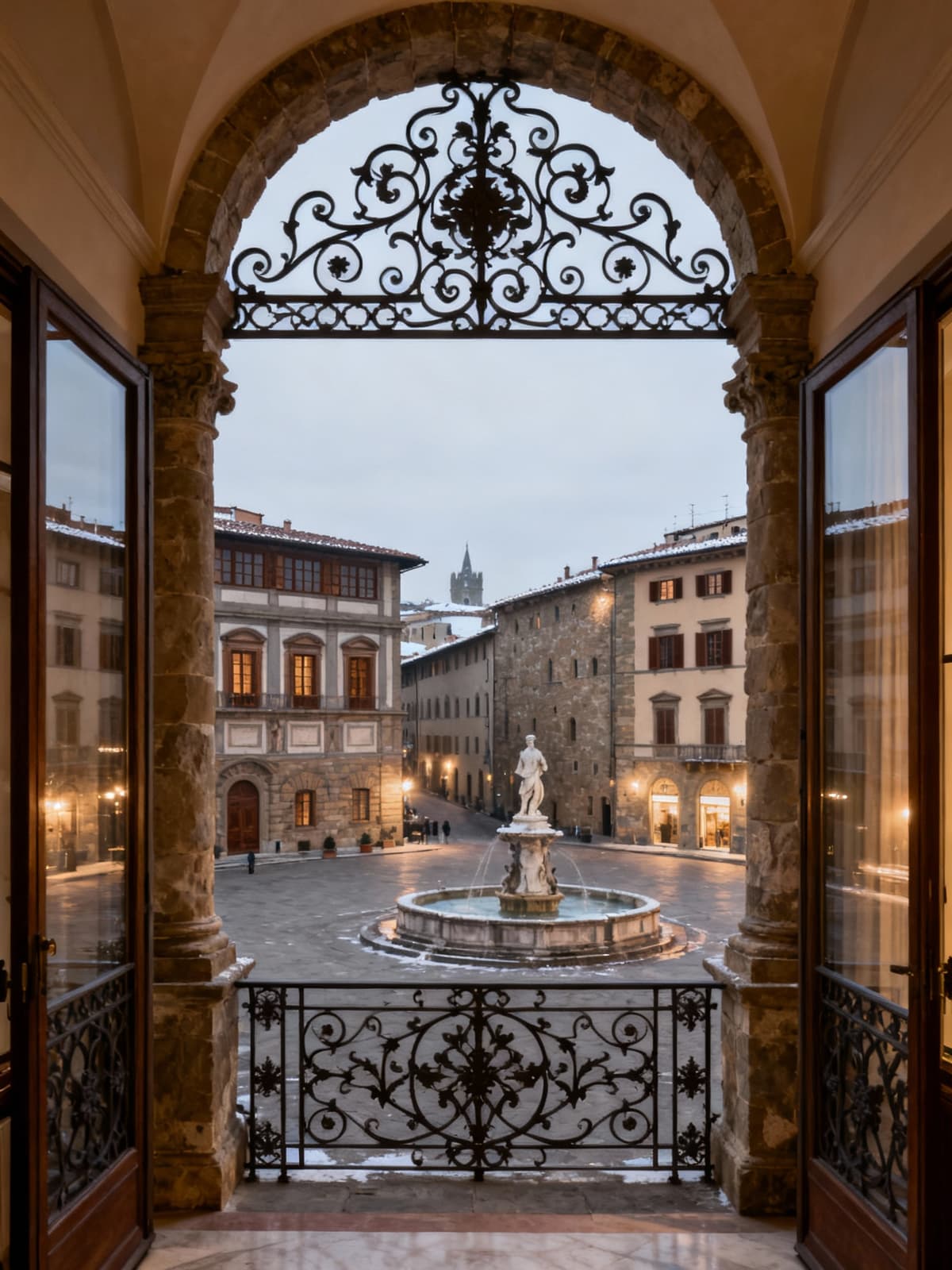 Appartamenti eleganti nel centro storico di Firenze, con facciate in pietra e dettagli in ferro battuto, circondati da arte.