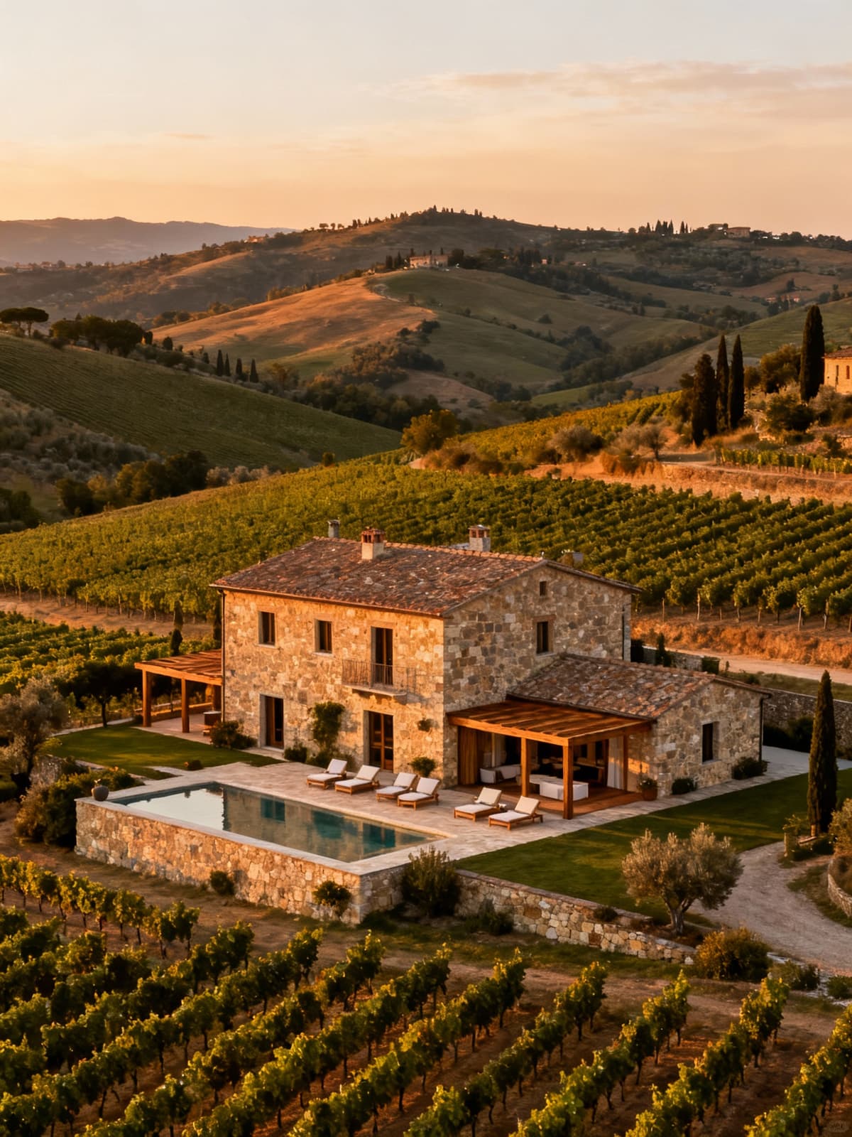Villa di lusso nel Chianti, circondata da vigneti e colline toscane, con design elegante e materiali naturali.