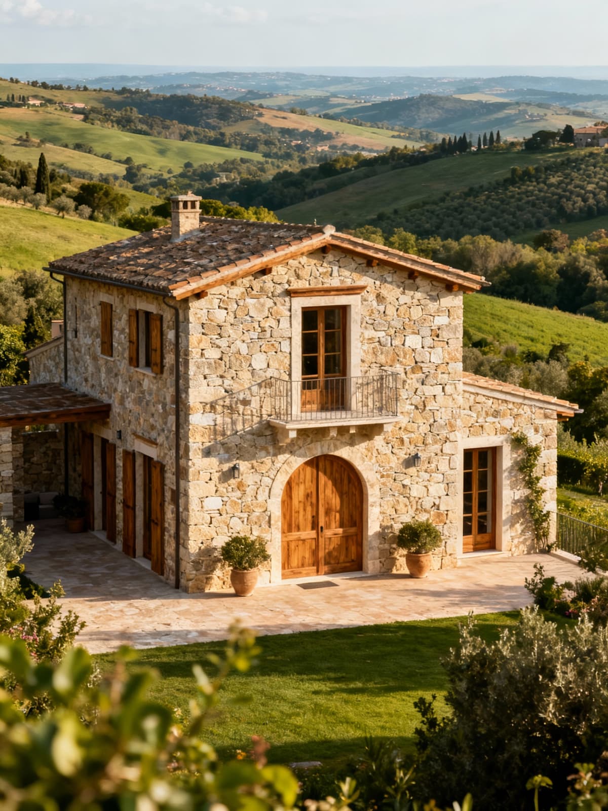 Villa esclusiva in pietra immersa nelle colline maremmane, circondata da un verde paesaggio e panorami incantevoli.
