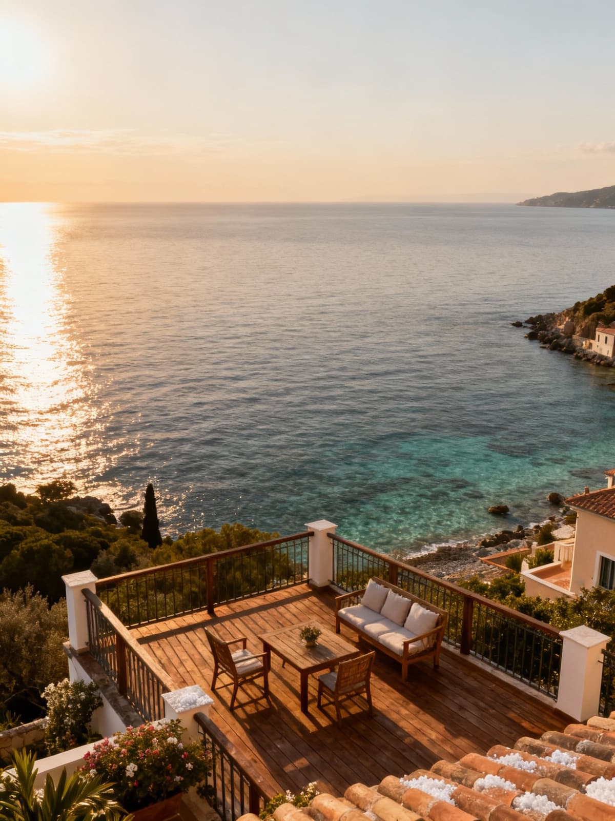 Ville esclusive sulla costa livornese con vista sul mare cristallino e colline toscane, in un'atmosfera serena al tramonto.