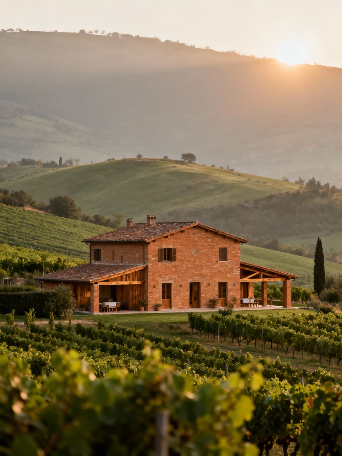 Rustico incantevole nella campagna pisana, circondato da colline verdi e vigneti sotto un sole splendente.