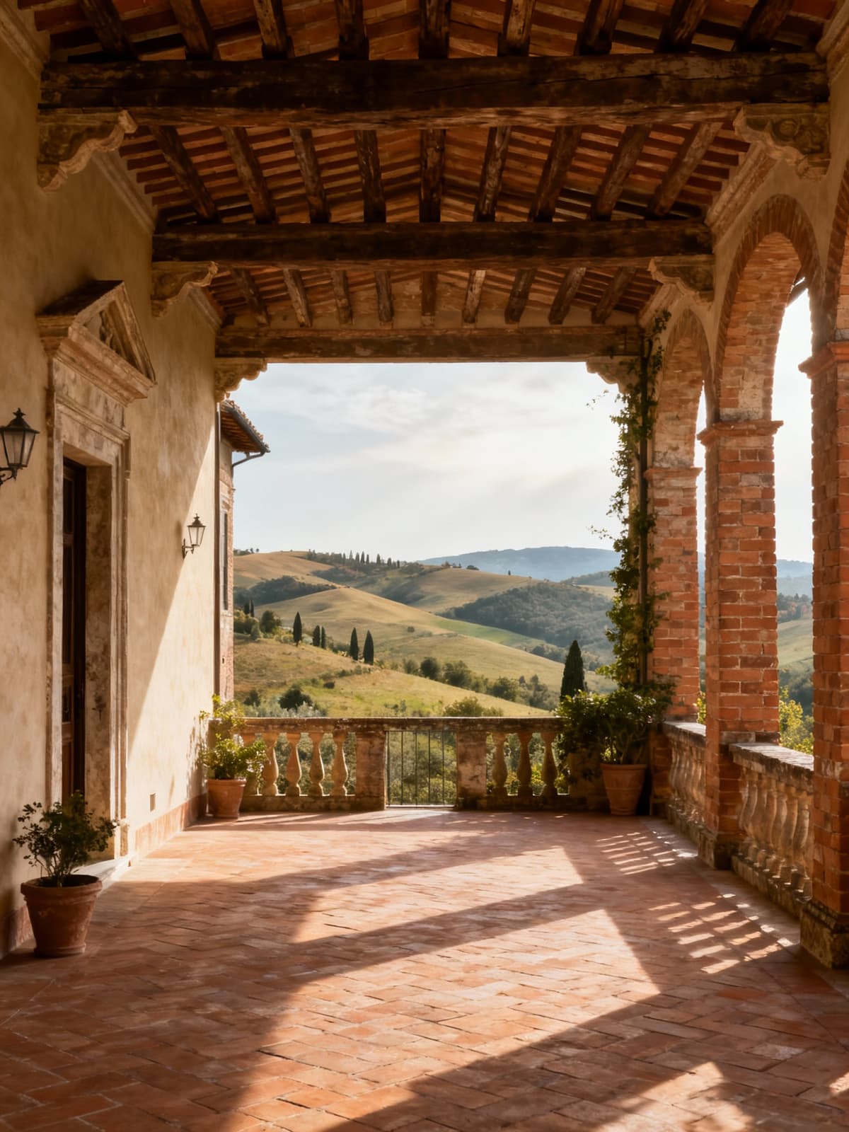 Villa rinascimentale tra le colline pisane, eleganza storica, cotto e travi a vista in un paesaggio toscano sereno.