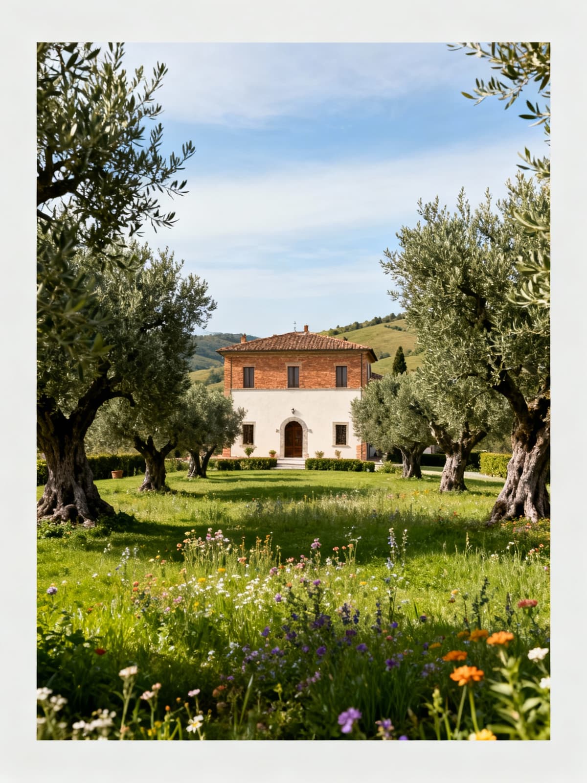 Charming farmhouse amidst the serene hills of Pistoia, surrounded by lush gardens and ancient olive trees.