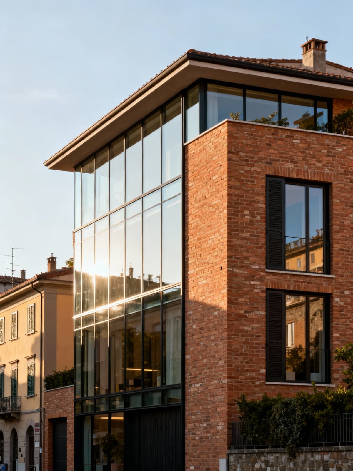 Charming independent houses in Prato's vibrant industrial and artistic hub featuring brick facades and glass finishes.