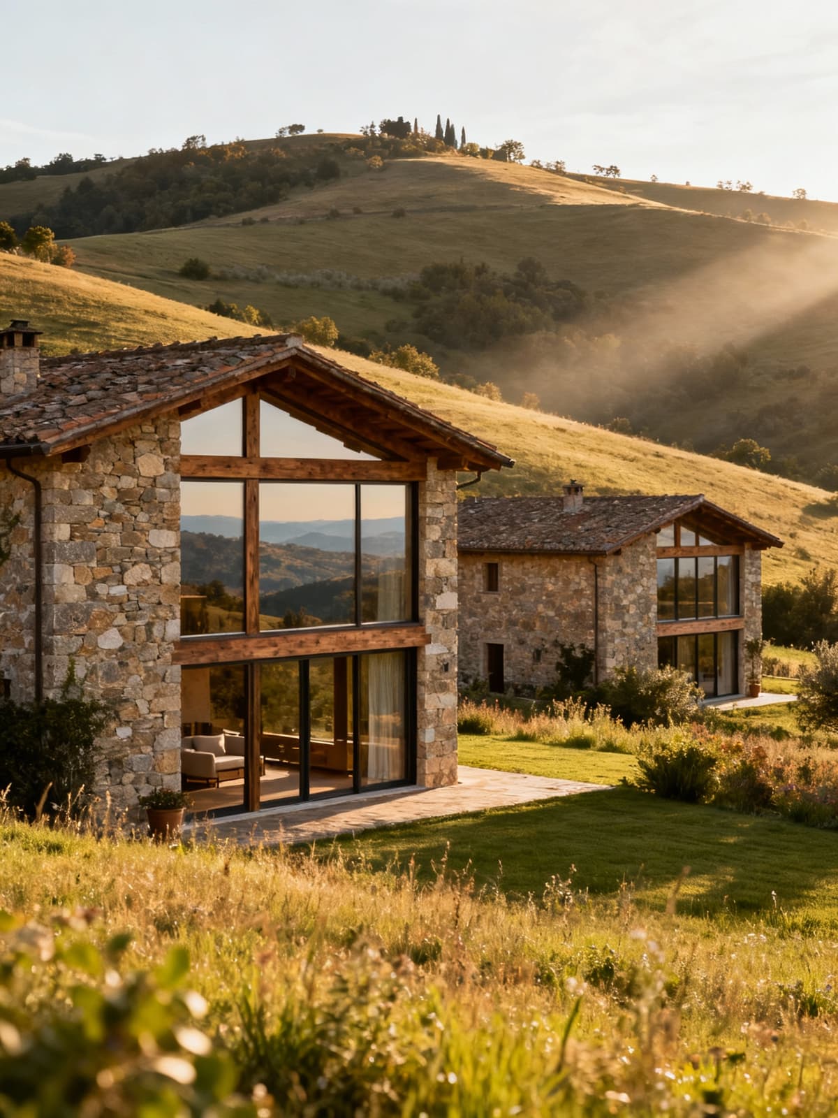 Rustic farmhouses nestled in the Tuscan hills of Prato, featuring stone and wood architecture with stunning views.