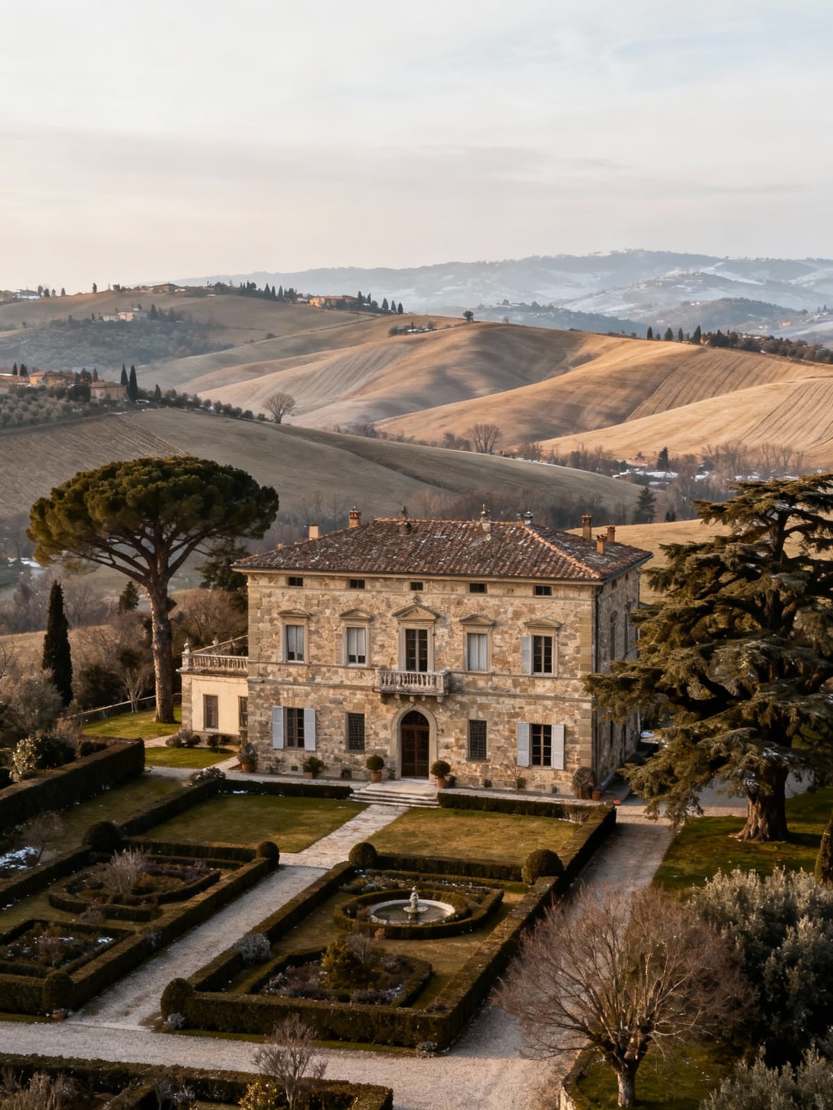Ville storiche tra le colline tessili di Prato, con eleganti facciate in pietra e giardini curati, in ambientazione naturale.