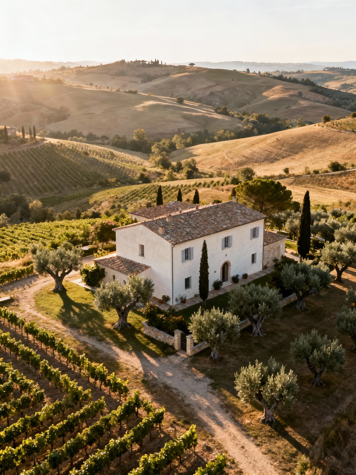 Agriturismi di lusso tra le colline senesi, circondati da vigneti e uliveti con pareti chiare illuminate dal sole del mattino.