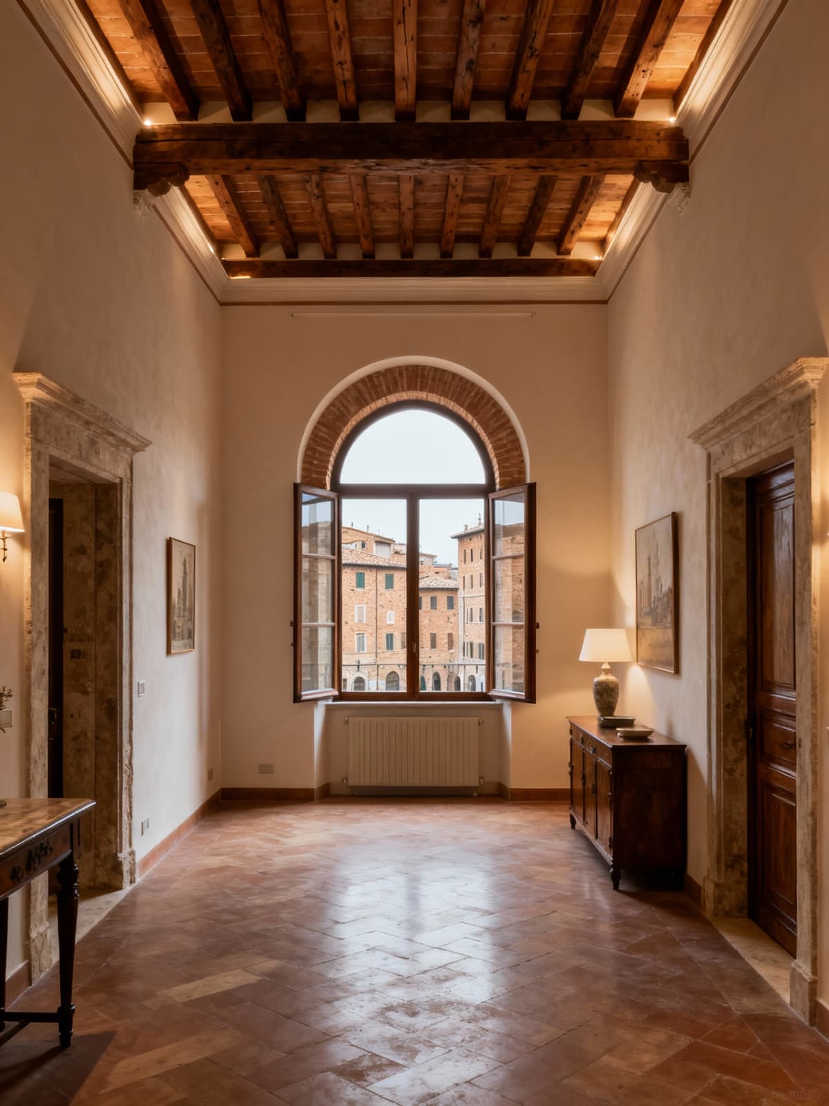 Appartamento di lusso nel centro storico di Siena, caratterizzato da eleganti dettagli architettonici e travi in legno.