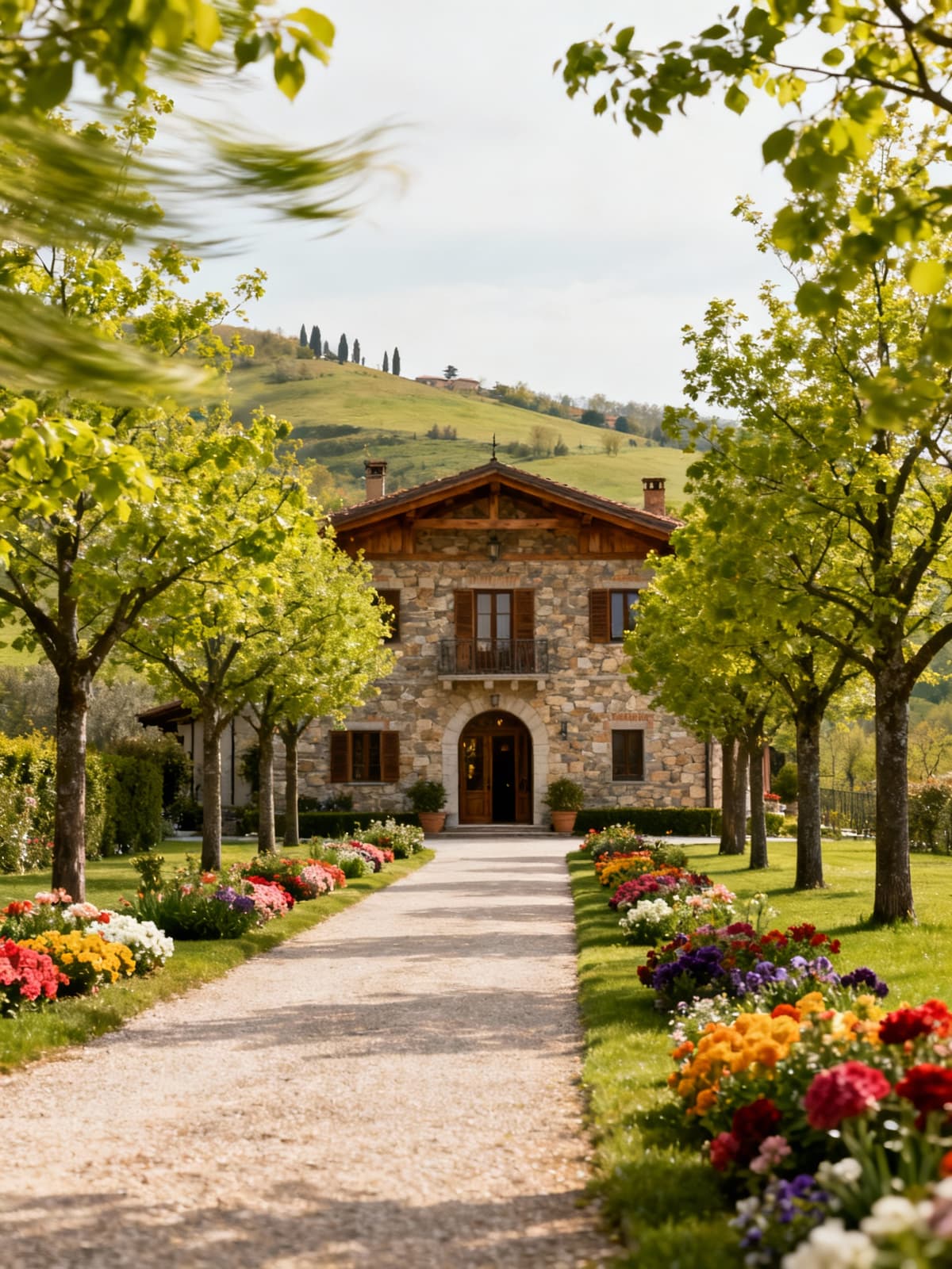 Charming farmhouse in the rolling hills of Asti, featuring stone and wood architecture, surrounded by manicured gardens.