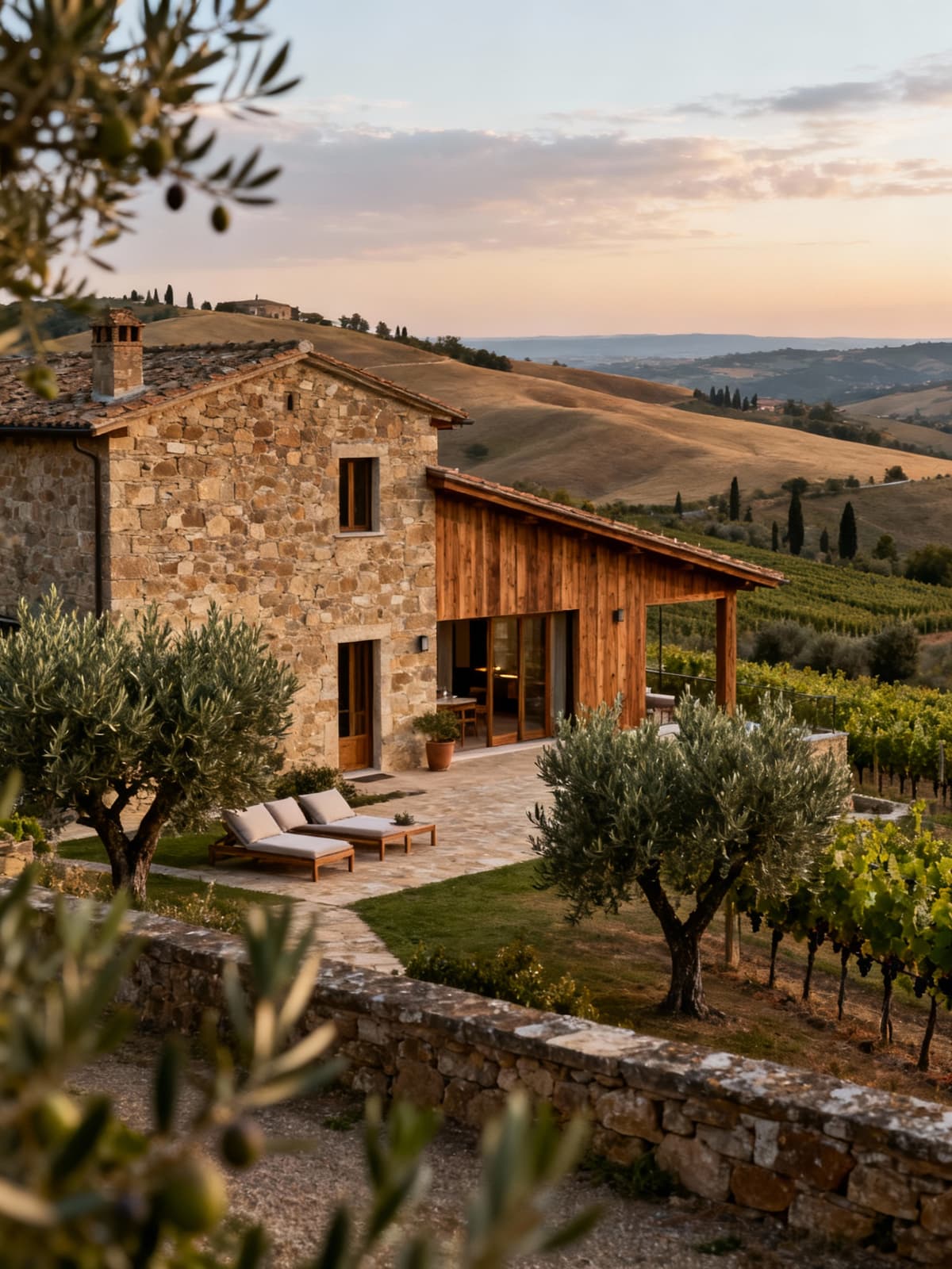 Agriturismo elegante tra colline umbre, circondato da uliveti e vigneti, con facciate in pietra e legno naturale.
