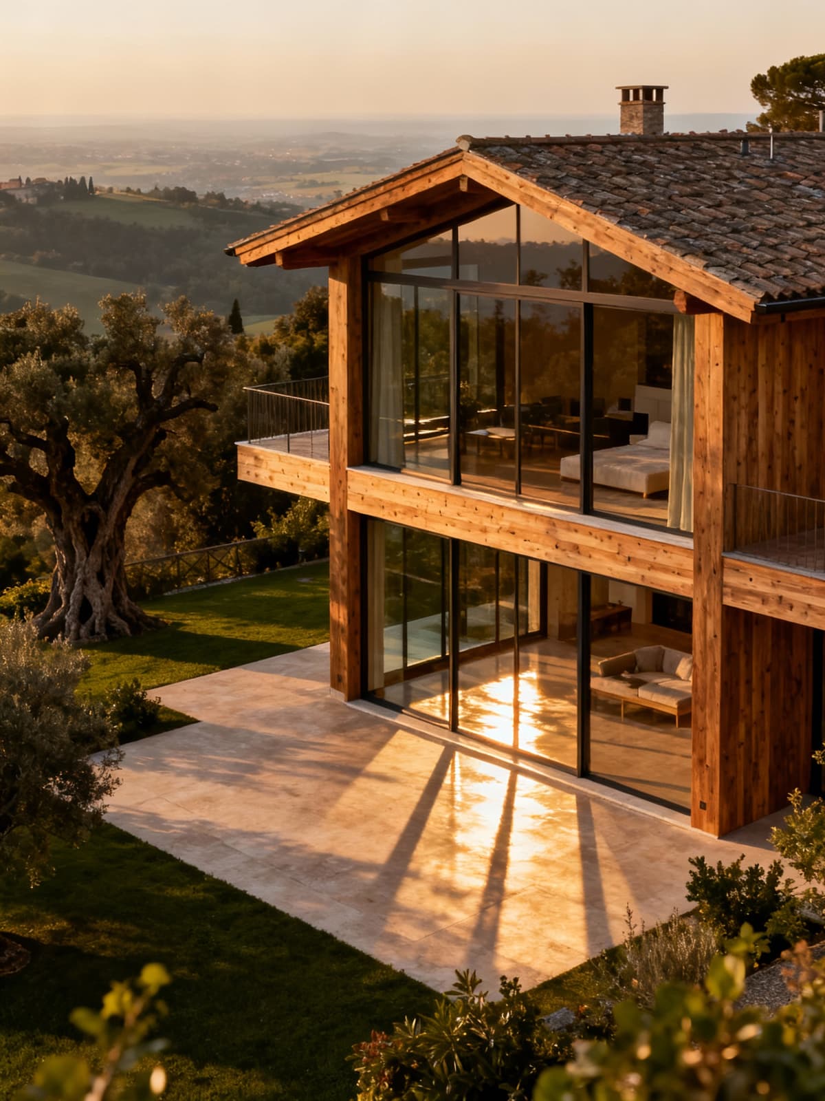 Villa di lusso nel verde umbro con vista su Perugia, circondata da piante secolari e illuminata da una luce calda.