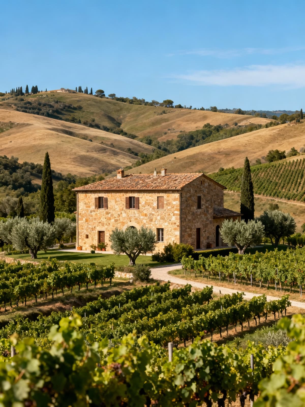Casale rustico tra colline umbre, circondato da vigneti e oliveti, con pietra naturale e cielo blu chiaro.