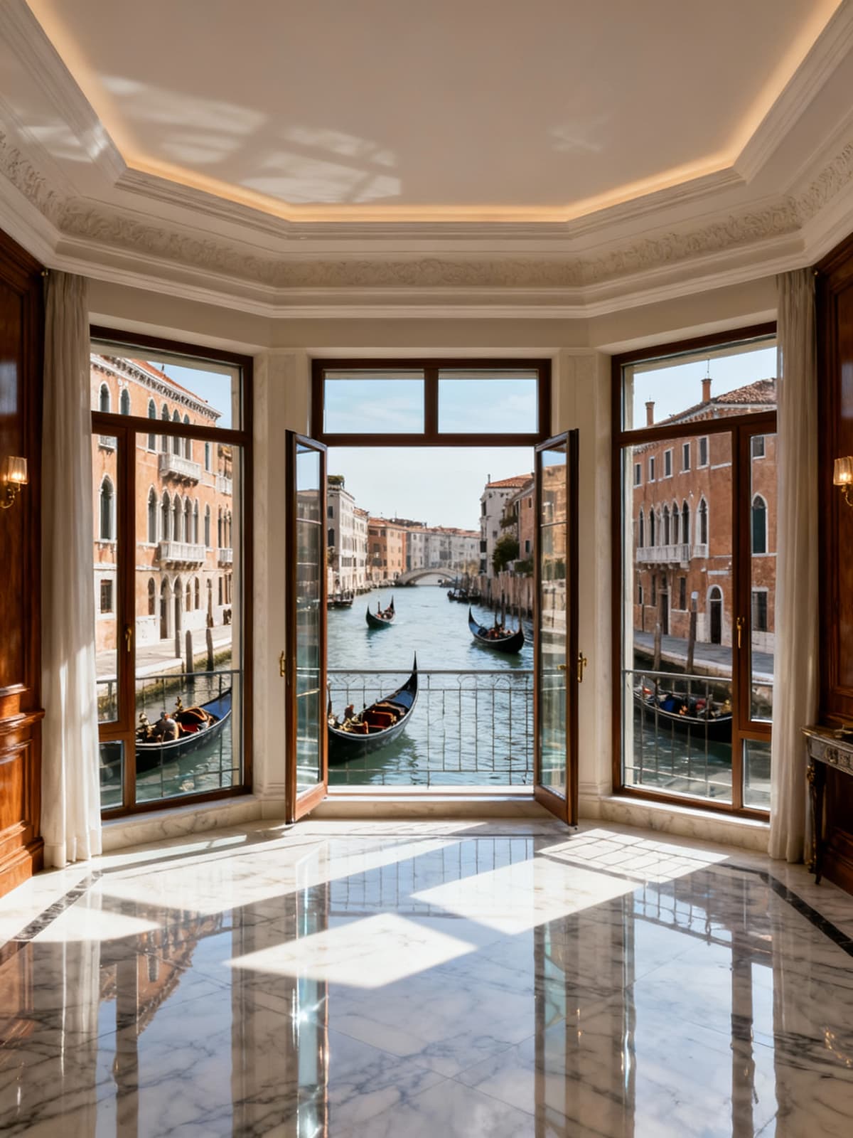 Appartamenti di lusso con affaccio sui canali di Venezia, interni eleganti e viste spettacolari su gondole e monumenti storici.