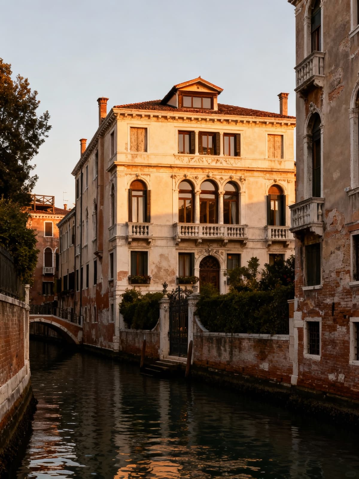 Ville storiche lungo i canali di Venezia, con dettagli architettonici illuminati dalla luce del tardo pomeriggio.