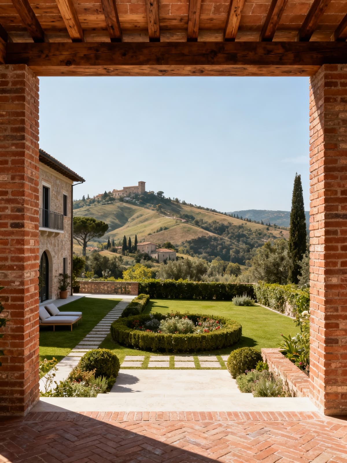 Villa esclusiva nel Lazio, tra architetture storiche, design moderno e materiali locali, con vista panoramica e giardino curato.