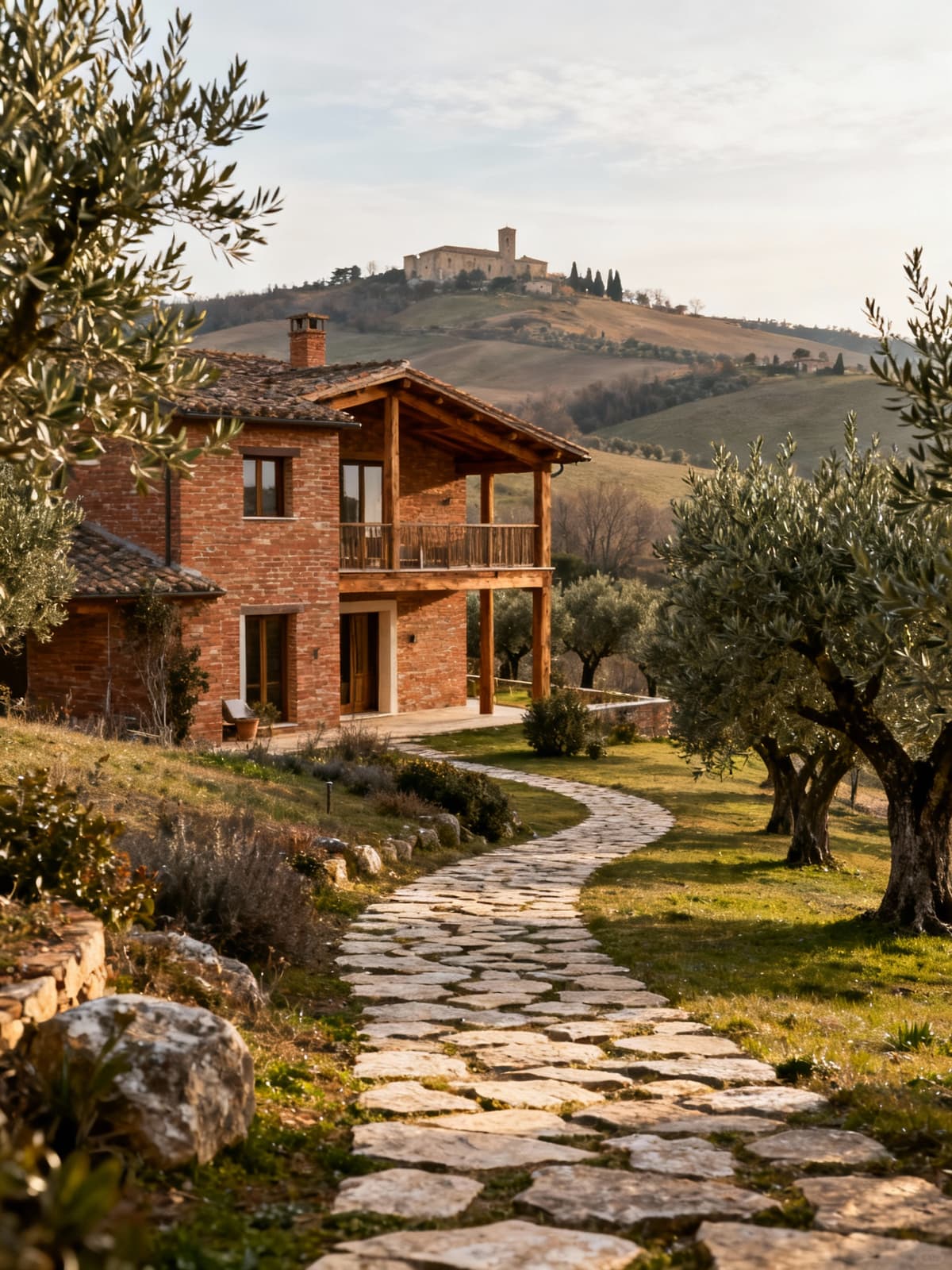 Luxury villas in the Lazio countryside surrounded by olive groves and historic hills, showcasing rustic charm and serene landscapes.