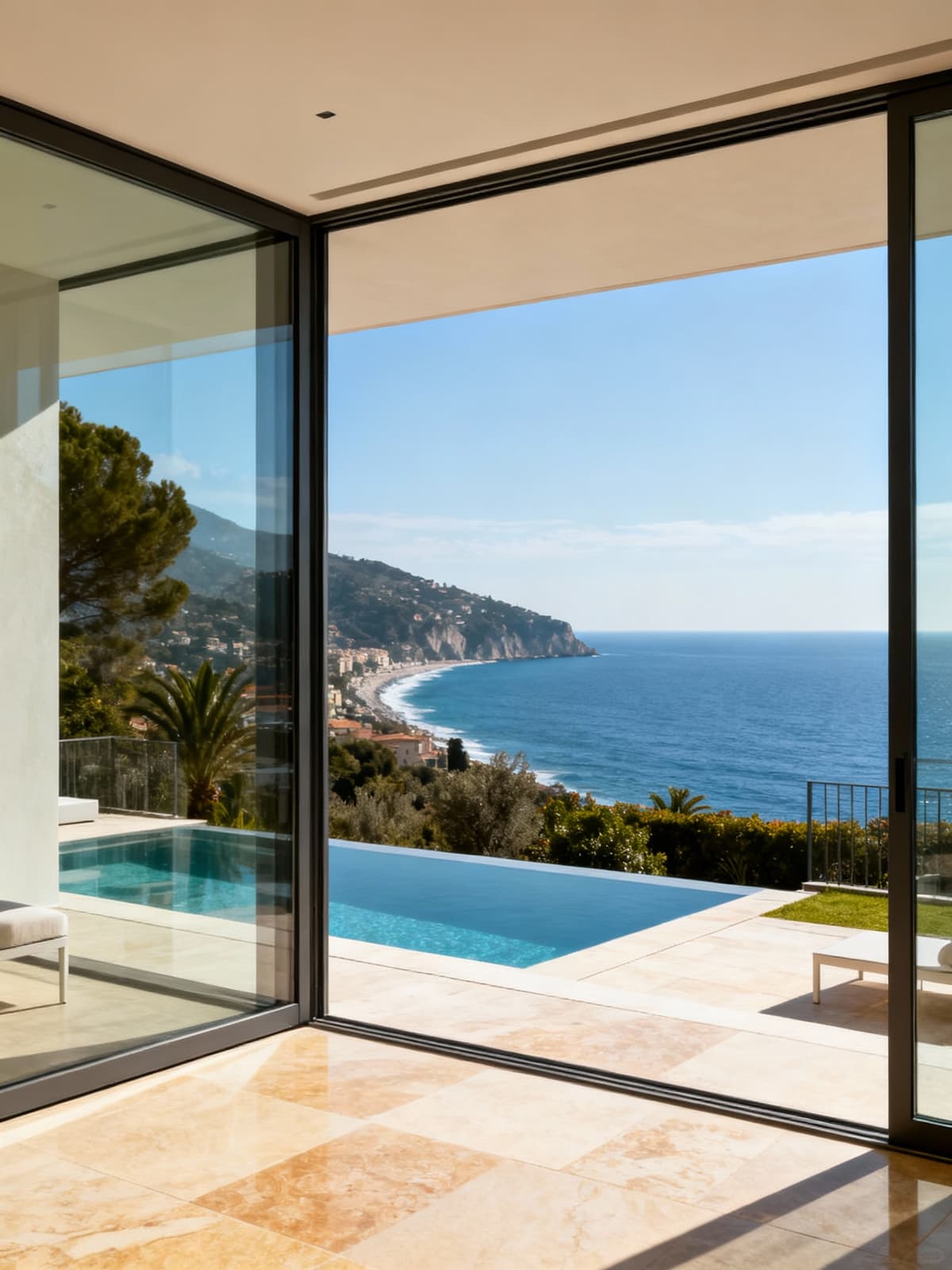 Prestigious urban villas overlooking the Ligurian Sea, showcasing modern finishes and panoramic coastal views.