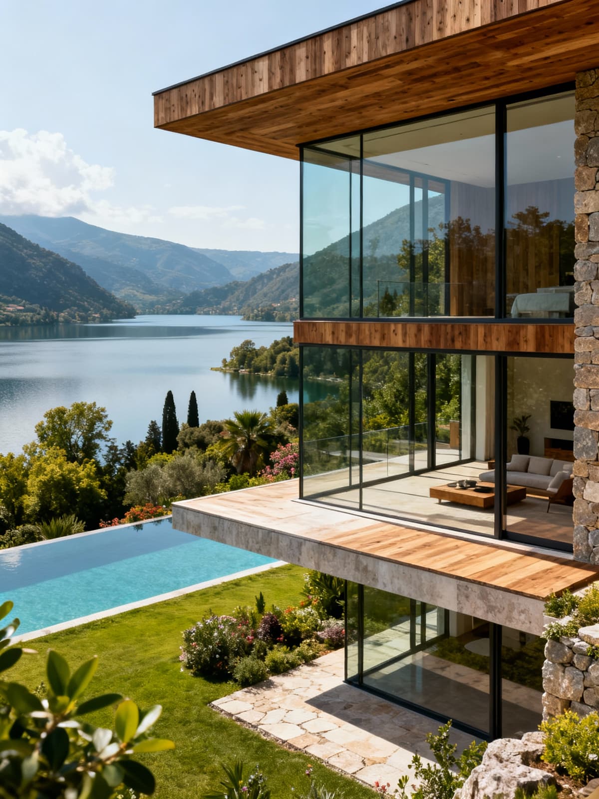 Exclusive villa in Lazio with lake views and lush greenery, showcasing large glass windows and modern design.