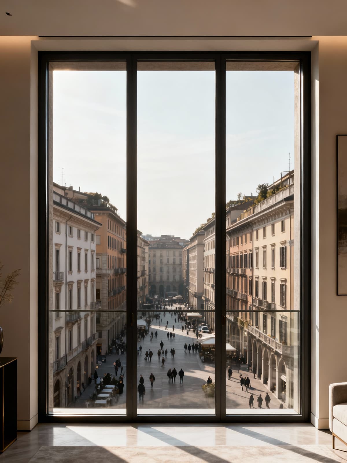 Luxurious apartment in Lombardy's vibrant cities featuring modern design and panoramic views through large glass windows.