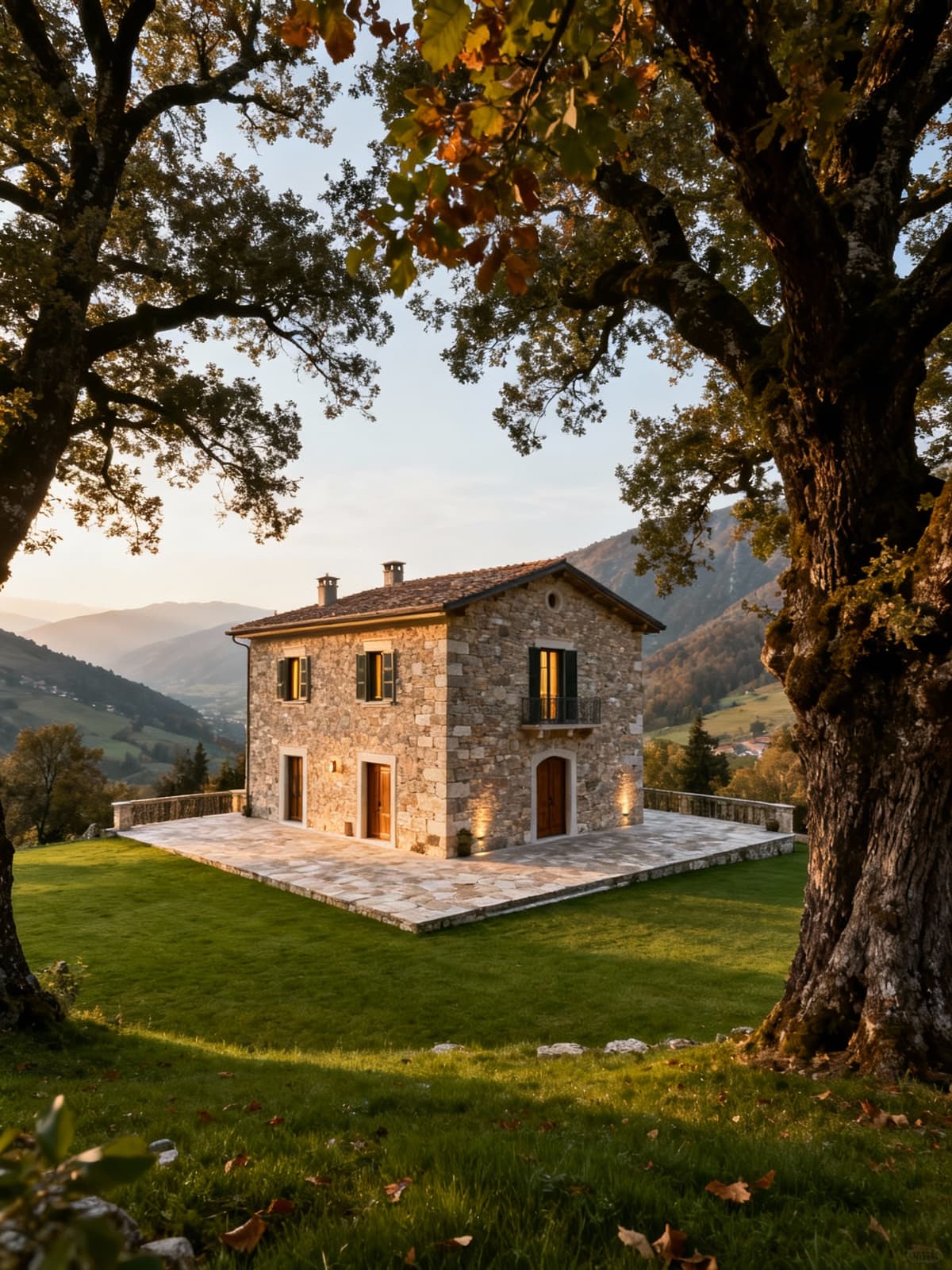 Luxury villa amid the stunning peaks of Piedmont, surrounded by ancient trees and lush greenery, bathed in soft morning light.